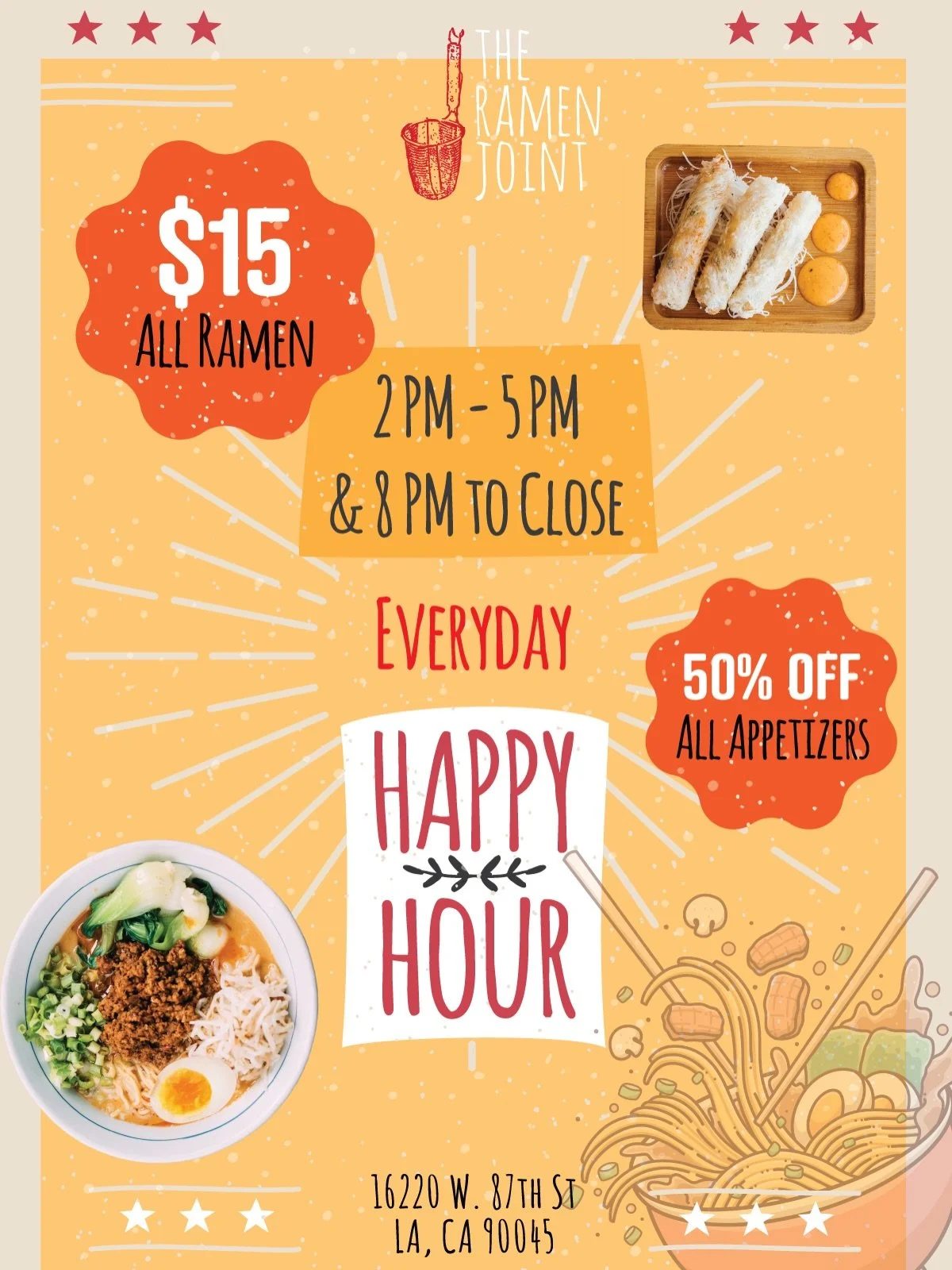 Happy Hour is EVERYDAY 🍜 $15 all ramen + 50% off all appetizers. 2&ndash;5PM &amp; 8PM to close. 

📍 The Ramen Joint | LA 🕐 Open daily 11:30am &ndash; 9:30pm 📞 424.227.9328
