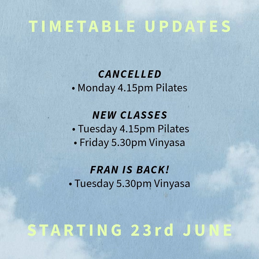 TIMETABLE CHANGES DEAR FRIENDS! &hearts;️ kicking off TONIGHT with our first FRIDAY ARVO VINYASA W/ @jasmine.n.coates