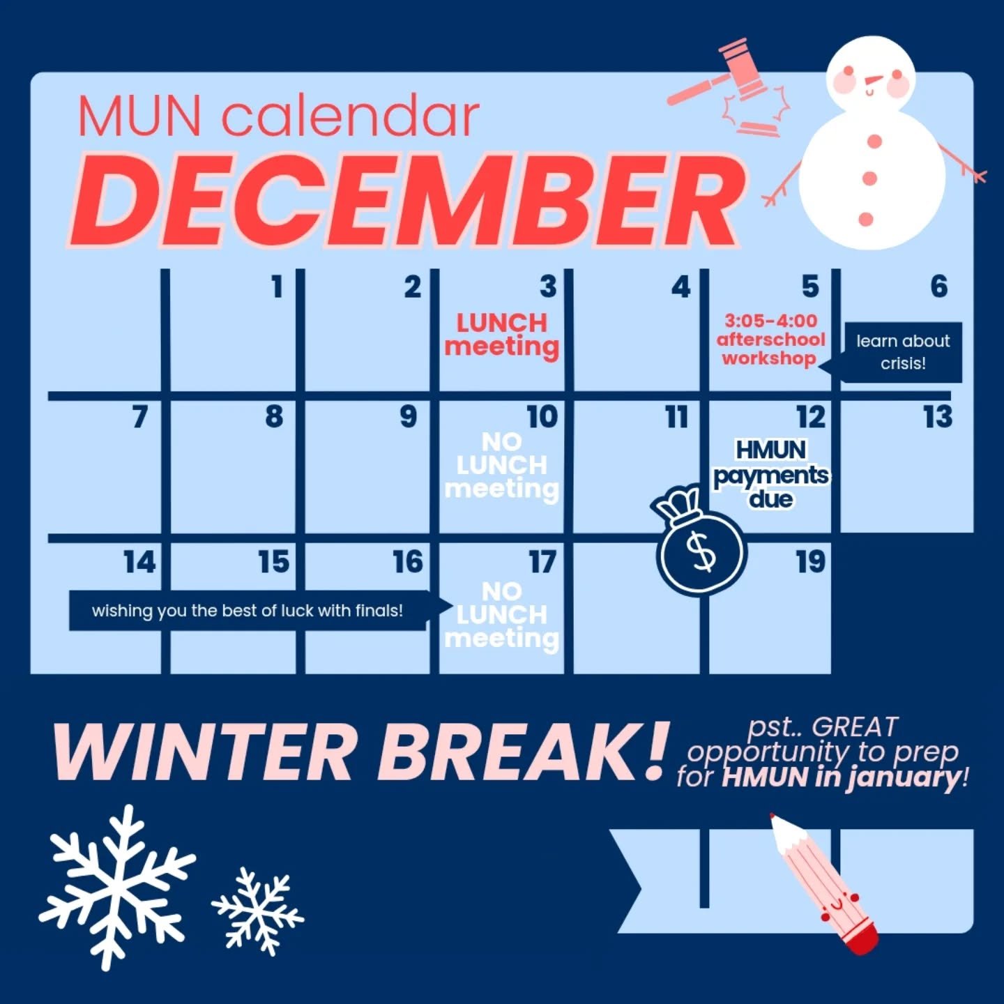 hey MUNbers! check out our december calendar as we head into the final stretch of this year 🙌 our final meeting of 2025 will be this wednesday, and we will also be having a workshop on friday. best of luck on your finals!