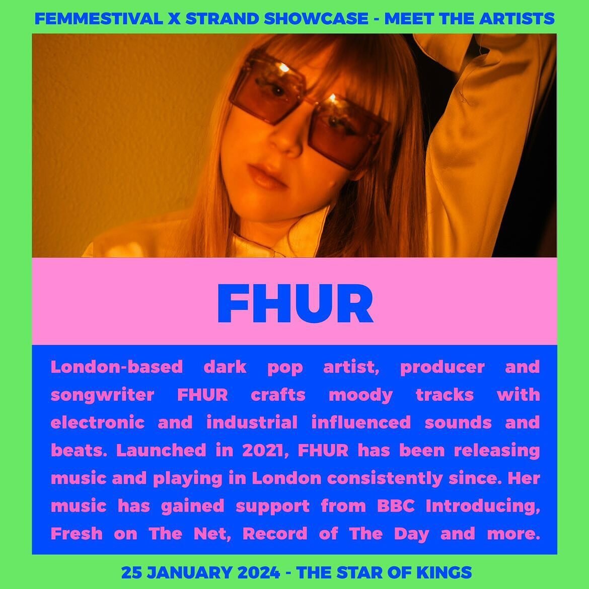 25/01 - STAR OF KINGS - FREE ENTRY | Can&rsquo;t wait to perform at @femmestival.uk x @strand_magazine showcase on 25/01, alongside @briiiiidgget and @nikita_nxkxta. It&rsquo;s gonna be a good one and we&rsquo;ll celebrate the release of &ldquo;Corti