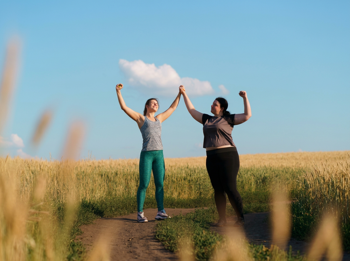 Two women celebrating personal achievement  together in a sunny open field. The.image represents growing confidence, embracing yourself and feeling positive about personal progress.