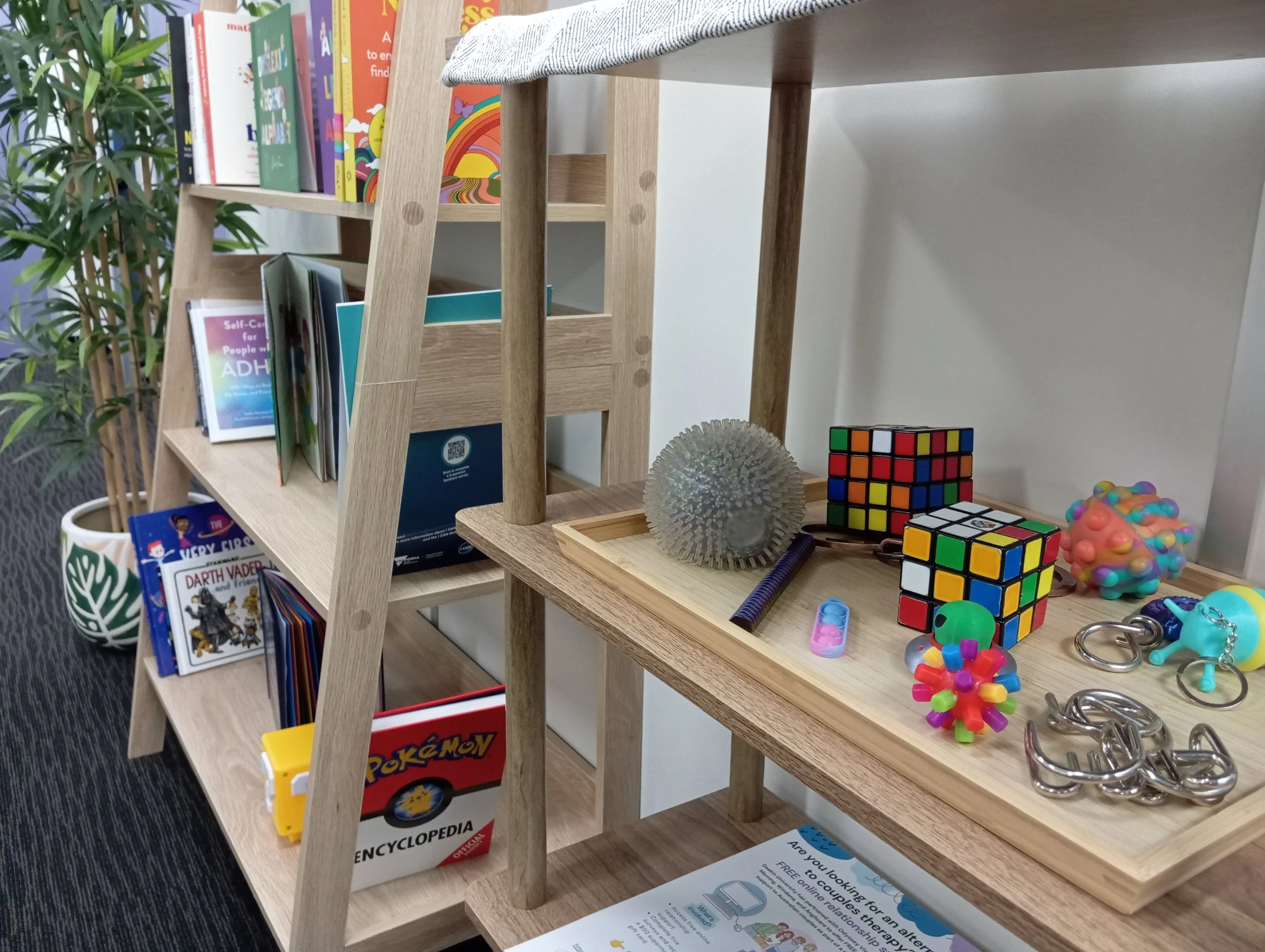 A wooden bookshelf displays colorful books and various toys including Rubik's cubes, a plastic ball with spikes, and colorful interlocking links, with a nearby potted plant and a pamphlet on the lower shelf.