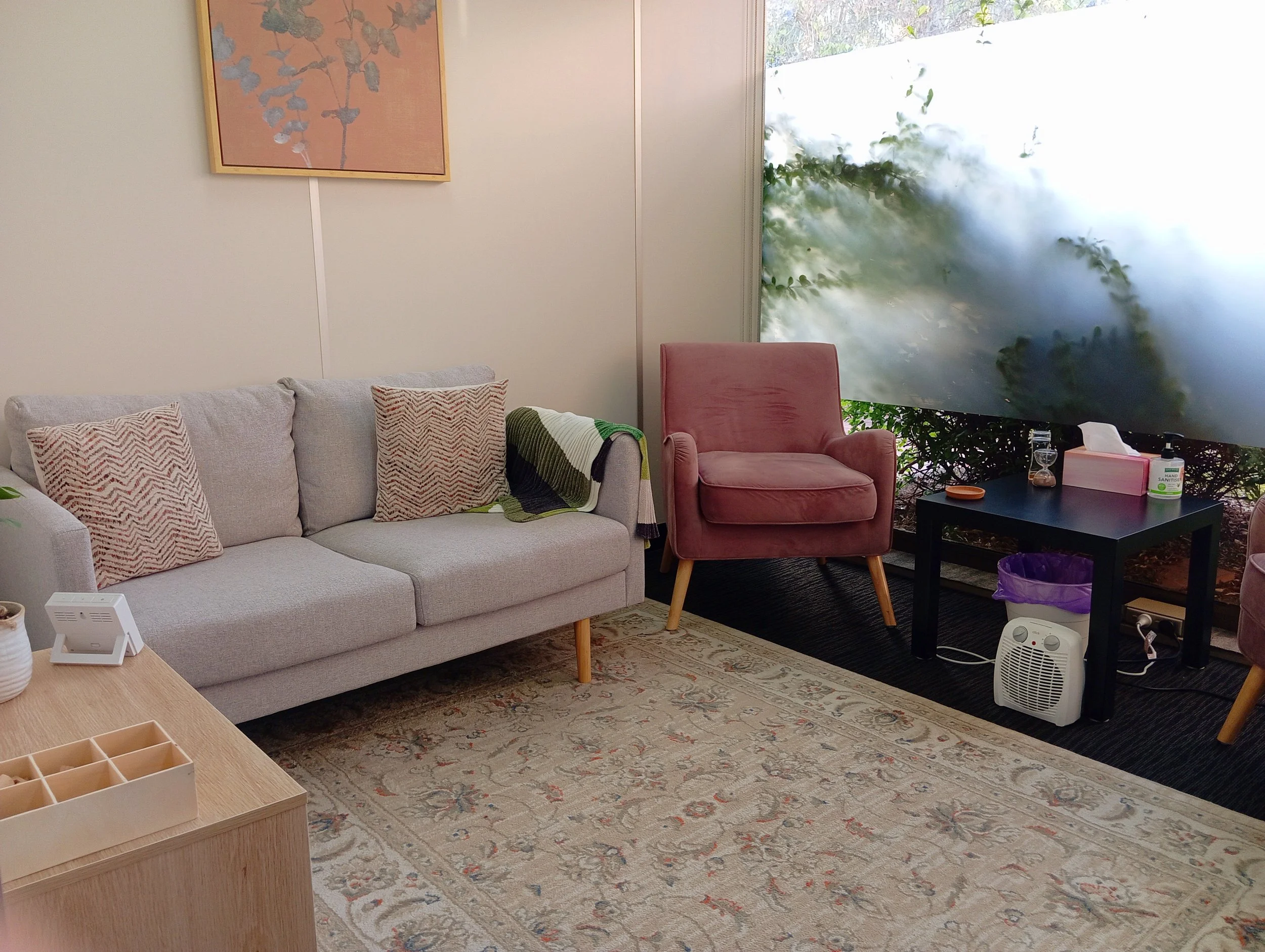 A cozy area with a beige sofa decorated with patterned pillows, a pink armchair, a black side table with a tissue box and various items, and a large window covered with frosted glass and some greenery visible outside. There is a large, ornate rug on 