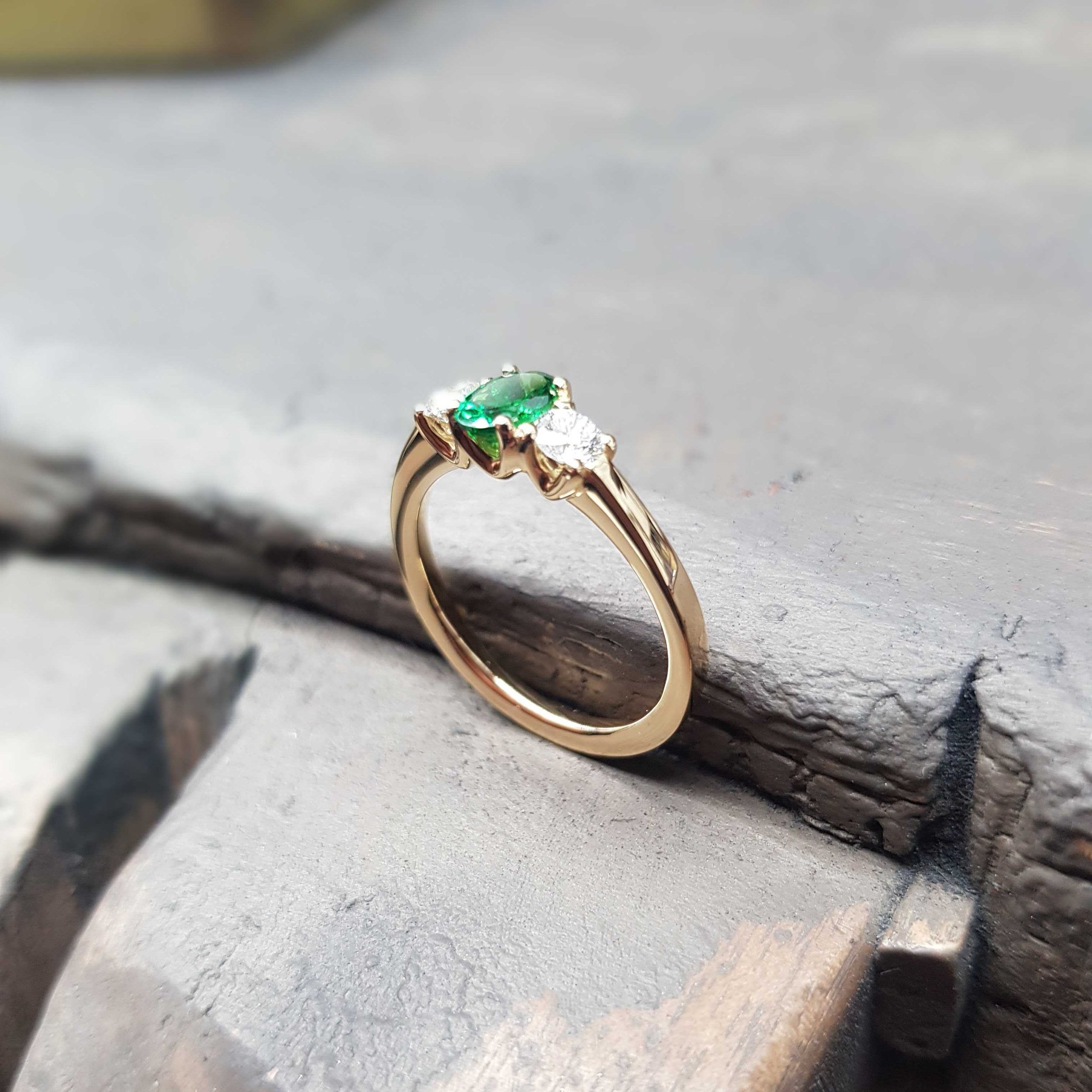 Three stone oval Tsavorite & diamond ring in 18ct yellow gold handmade by Simon Pure