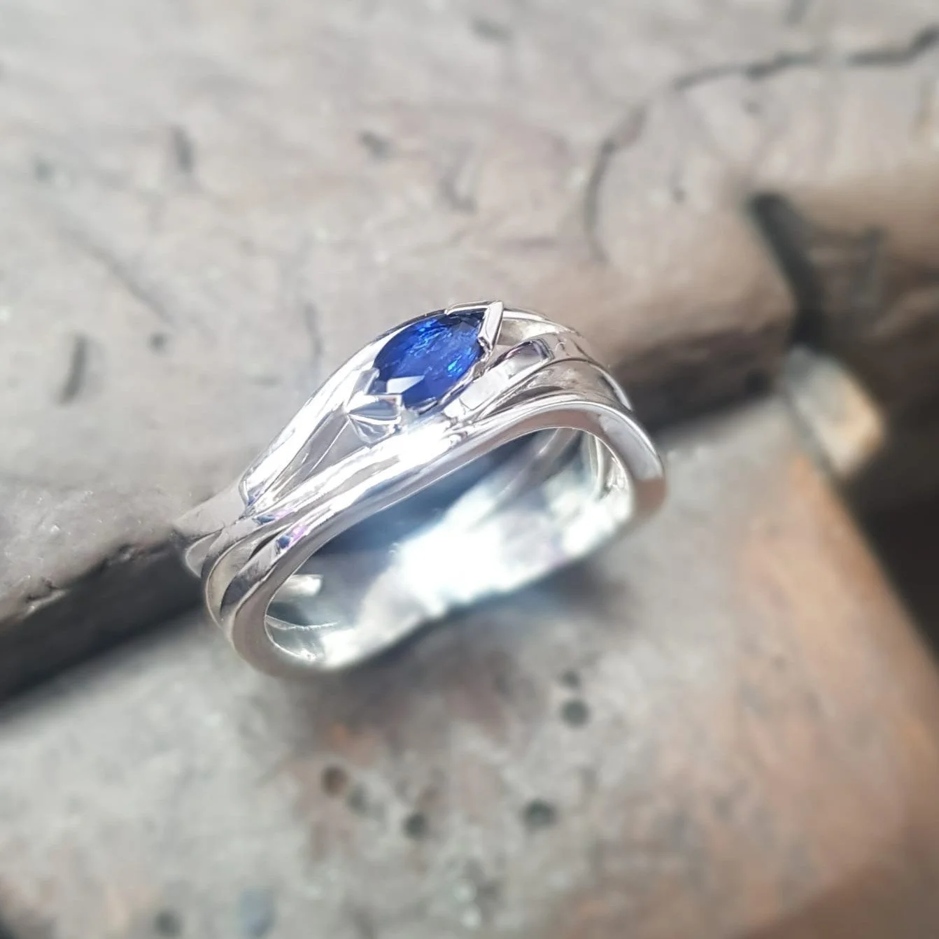 Our new Ocean Ring.  We originally set this ring with an Aquamarine, but our lovely customer had a vision of a deeper coloured stone, so this blue sapphire version arrived.  Whichcolour marquise stone would you choose for this design?

 #HandmadeJewe