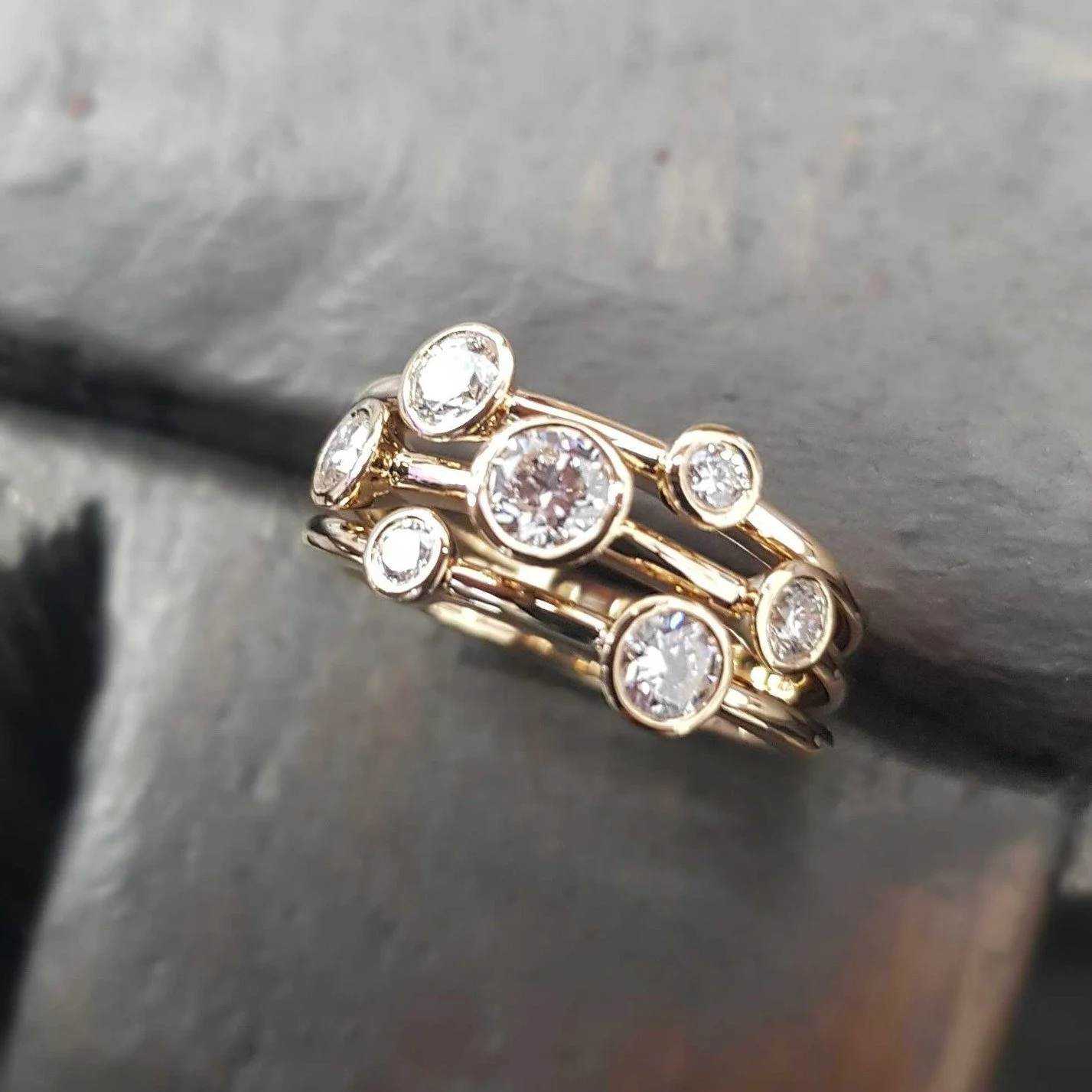 Our Twilight Ring in 9ct Yellow Gold and Diamonds is back on the shelf in the sun! Such an elegant ring to wear - it catches the light from every angle.
