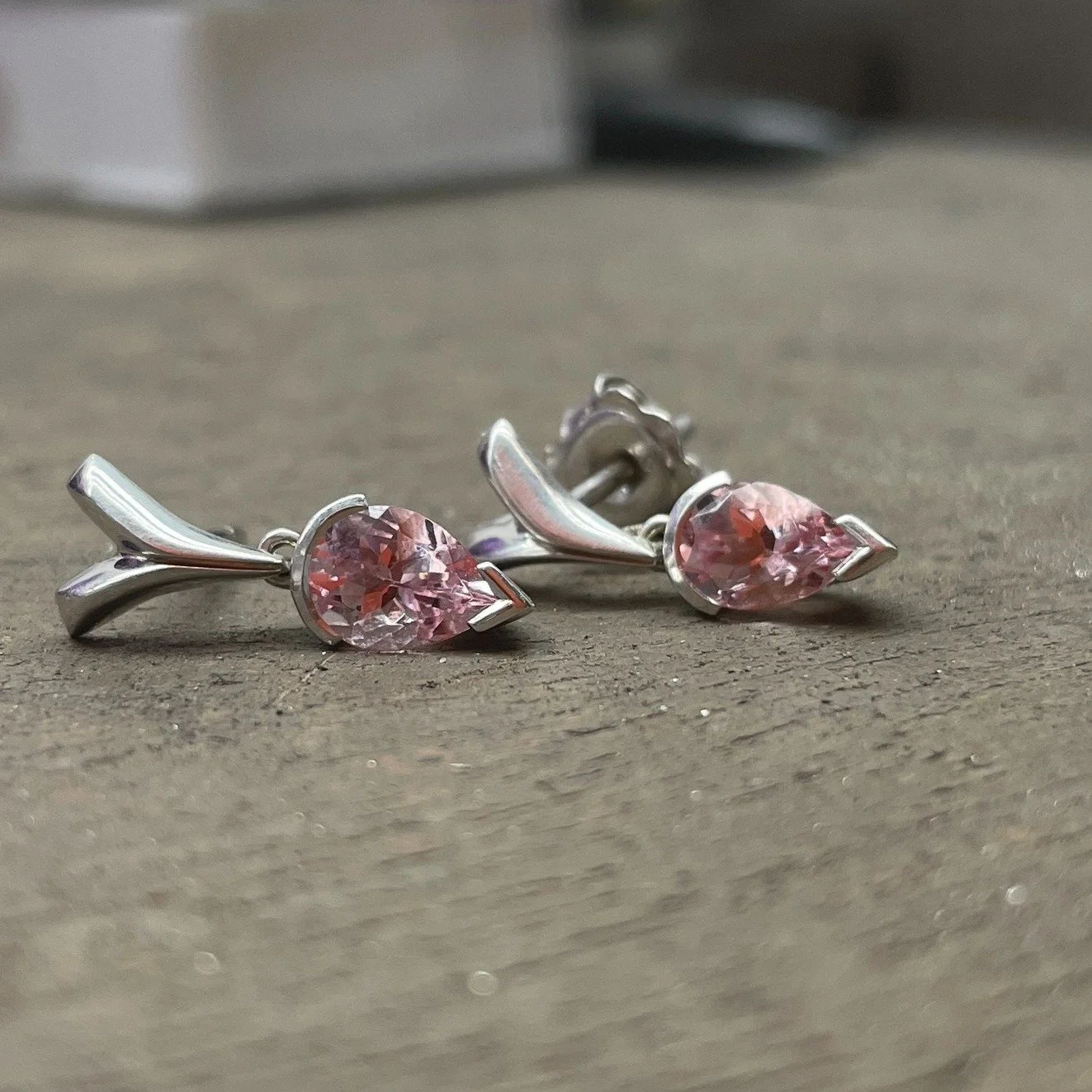 Perfect to pair with all of the lovely summer pastels out there - these are our 'v' collection pink morganite drop earrings set in 9ct white gold. Lovely if you want a drop that's not too long but still has a delicate movement.