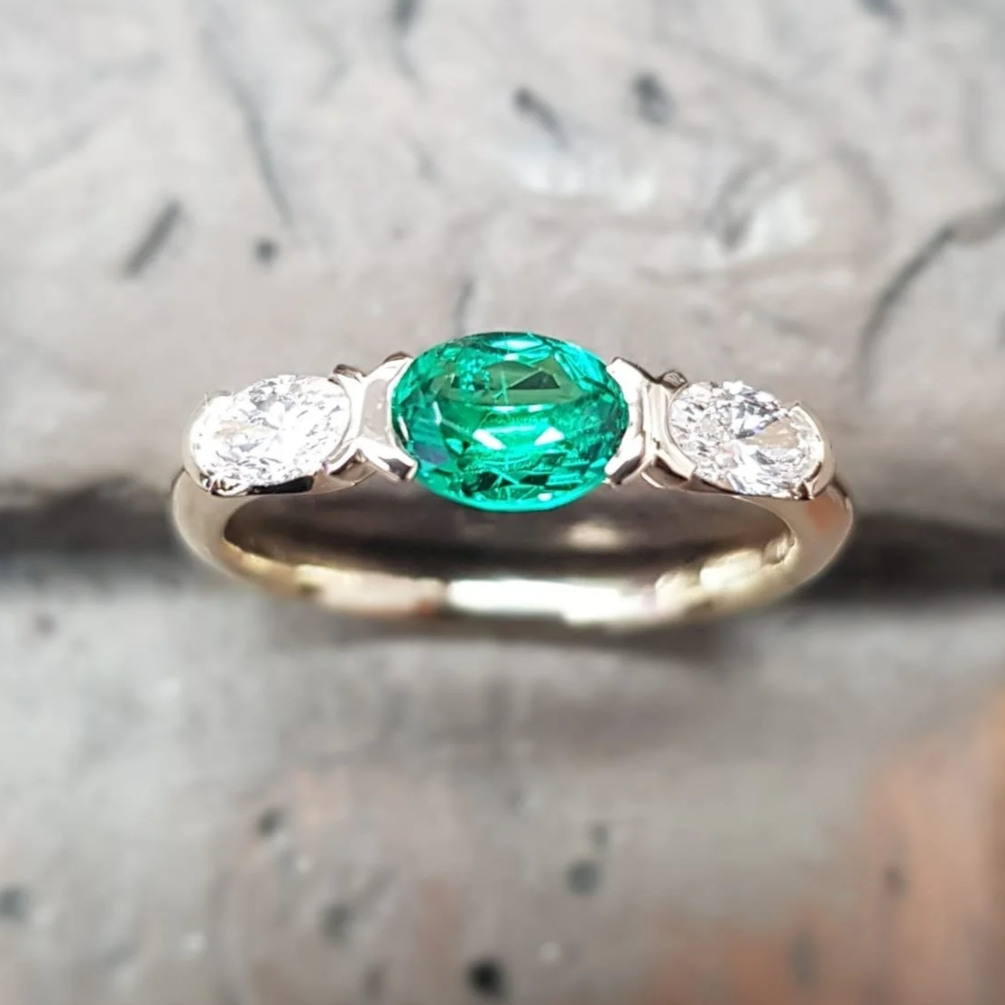 Unique Three Stone Oval Tsavorite & Diamond Ring