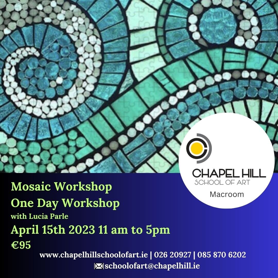 Only TWO places left on this super workshop!

Mosaic Workshop 🧩

-Saturday April 15th 2023 
-11-5pm (Bring your lunch along)
-&euro;95.00 Materials Included

***

Produce your own mosaic piece during a one - day workshop in the spacious and warm sur