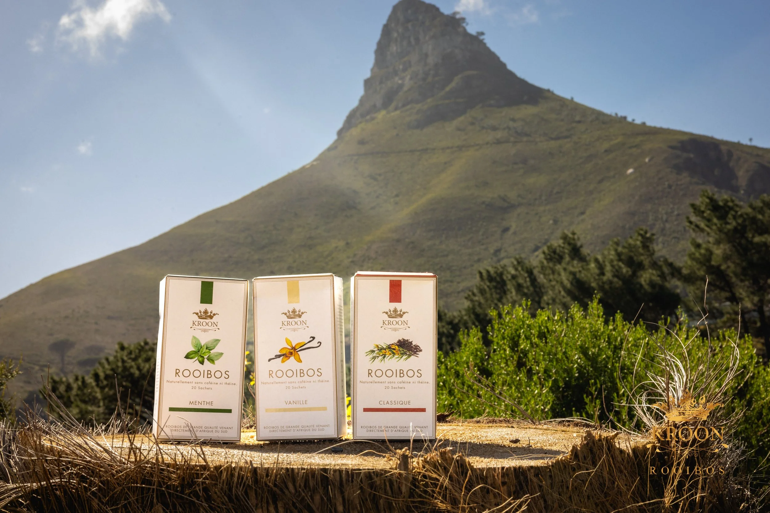 Trois boîtes de thé Rooibos de différents parfums (Menthe, Vanille, Classique) devant un paysage de montagne avec un sommet rocheux en arrière-plan, sous un ciel bleu, avec de la végétation verte et des arbustes.