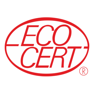 Logo ECOCERT en rouge et blanc avec le texte 'ECO CERT' dans un ovale