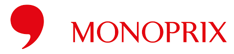 Logo de Monoprix avec un guillemet rouge et le nom en rouge