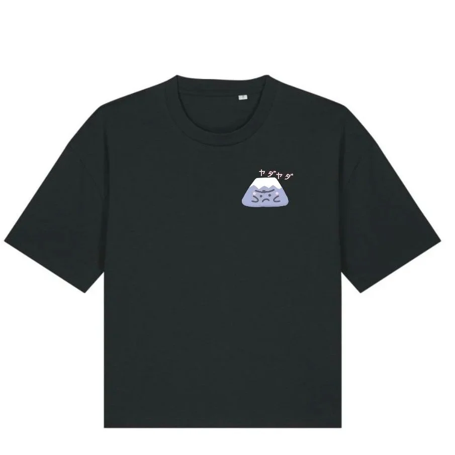 T-shirt noir over size crop top - Happy Cups visages de Mt Fuji devant et derrière taille S