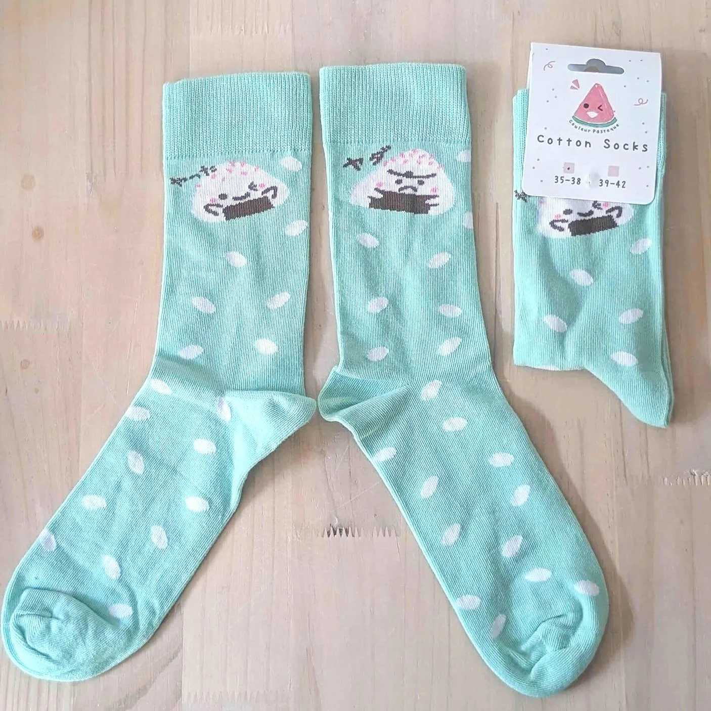 NEW ! Chaussettes en coton - Onigiri vertes avec 2 faces