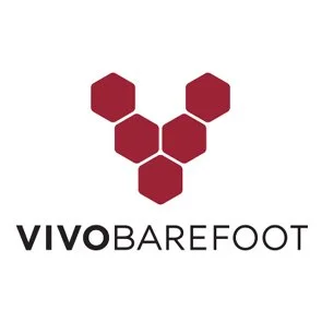 Vivobarefoot logo with red hexagons above the text in black font.