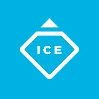 Logo featuring the word 'ICE' in a white diamond shape on a blue background.