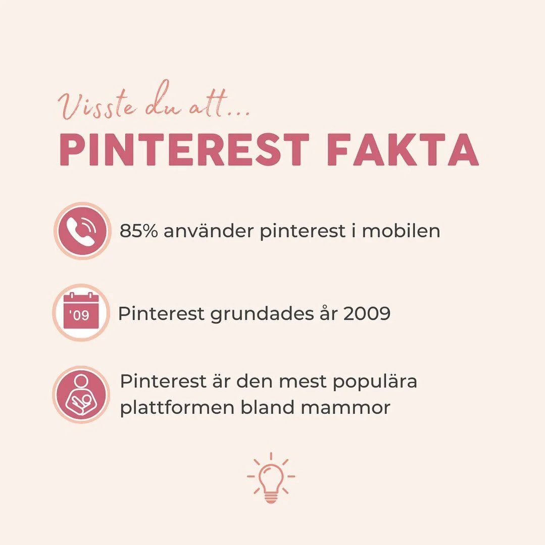 📌 3 roliga fakta om anv&auml;ndarna p&aring; Pinterest 

👉 85% anv&auml;nder Pinterest i mobilen (s&aring; t&auml;nk p&aring; att optimera annonser och pins f&ouml;r mobil!) 

👉 Pinterest grundades &aring;r 2009 

👉 Den m&aring;lgruppen som enlig