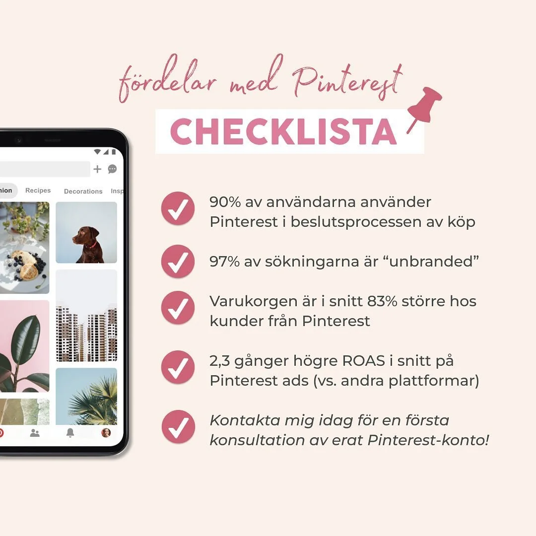 F&ouml;rdelar med Pinterest 📌

🛍️💰Visste du om dessa f&ouml;rdelarna f&ouml;r f&ouml;retag speciellt ehandlare att synas p&aring; Pinterest? 

👉 90% av anv&auml;ndarna anv&auml;nder Pinterest i beslutsprocessen av k&ouml;p (man anv&auml;nder Pint
