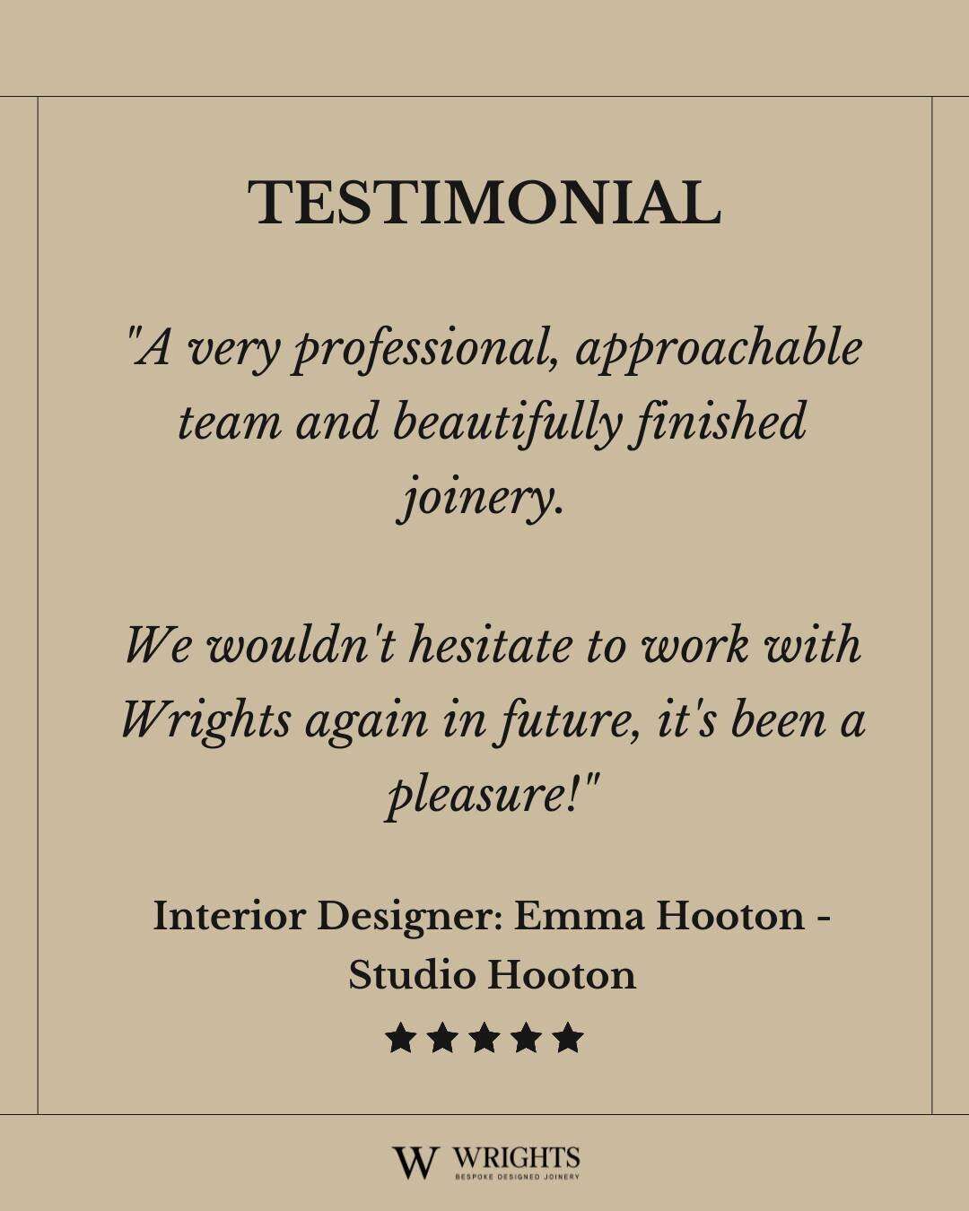 Working with inspiring interior designers is something that Wrights are very proud to do. So we were delighted and humbled to have received this wonderful review from Emma, Founder of @studiohooton 🌟

#clientreviews #joinerydesign #joinerywork #join