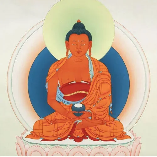 A traditional painting of a seated Buddhist figure with a serene expression, wearing orange robes, holding a bowl, with a halo behind. The background includes a lotus flower and a circular design.