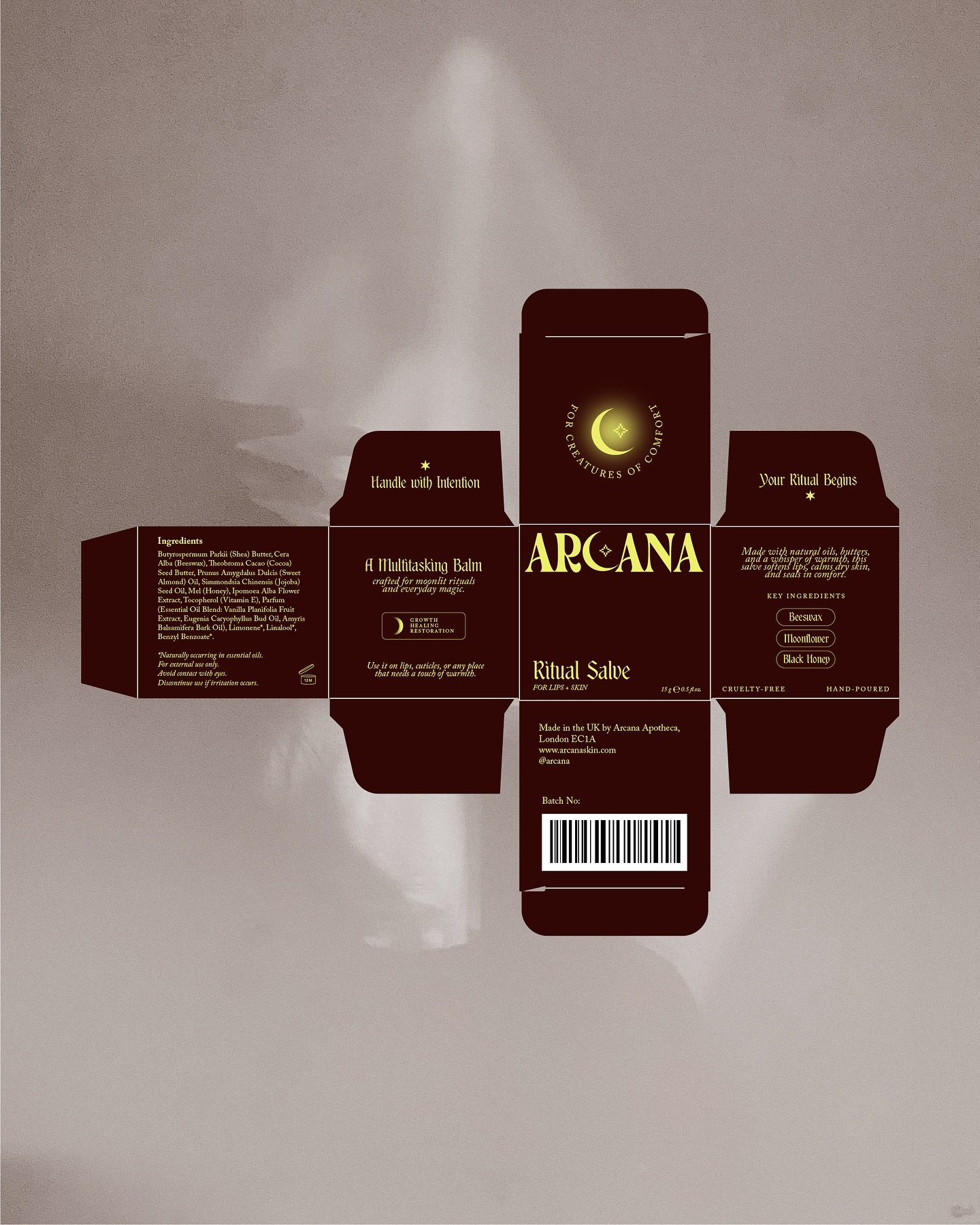 A little glimpse into Arcana 🥀 a beauty brand concept inspired by the phases of the moon and quiet autumnal rituals that bring a touch of magic into our daily lives 🌙✨

What do you think of Arcana? 

[ conceptual packaging design, brand design, bra