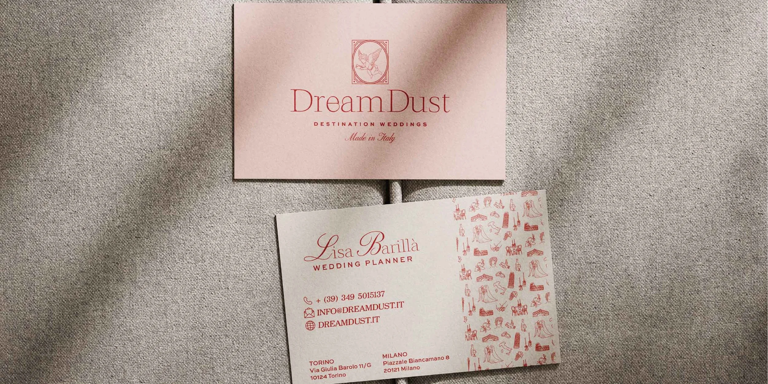 DreamDust Destination Weddings romantic business card design.