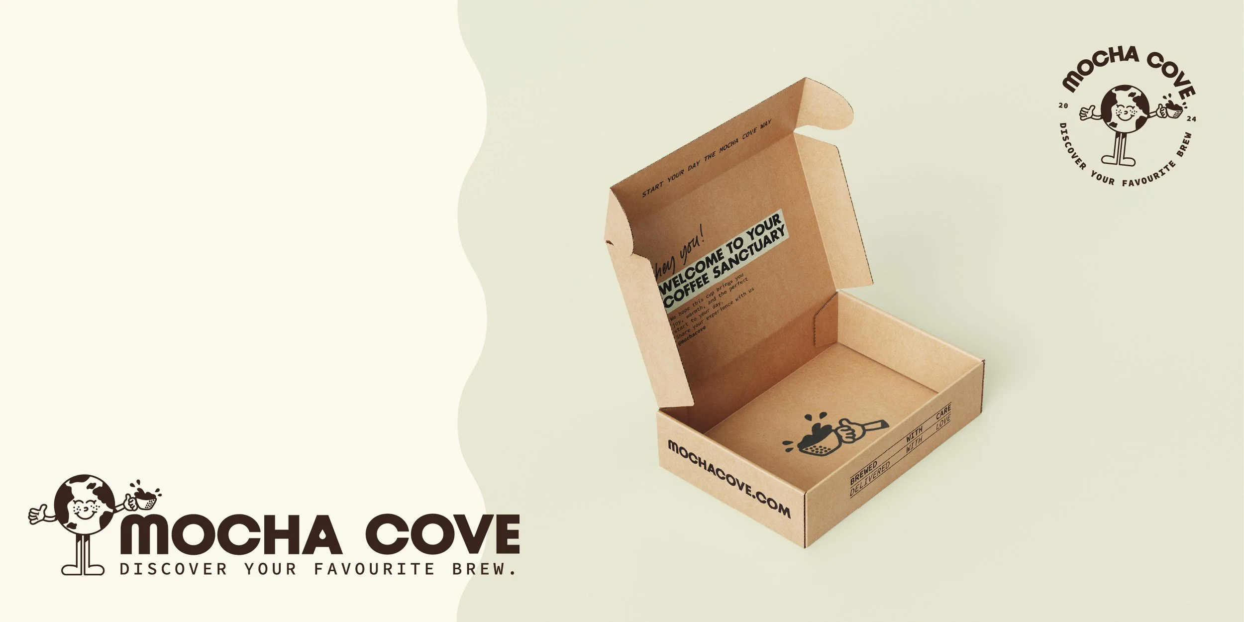 A brown kraft open mailer box with the Mocha Cove logo.