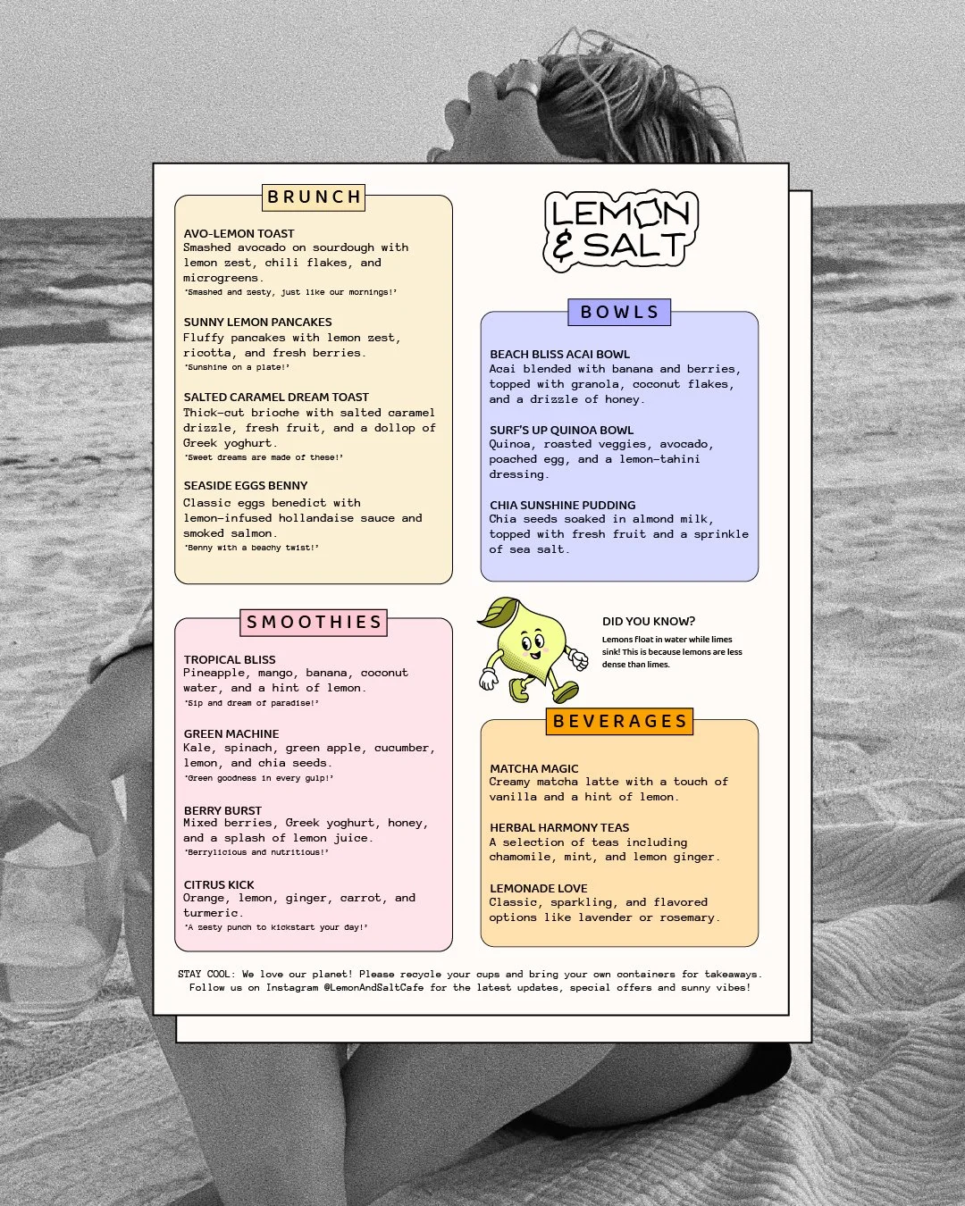Brunch and smoothie menu design for Lemon & Salt Cafe