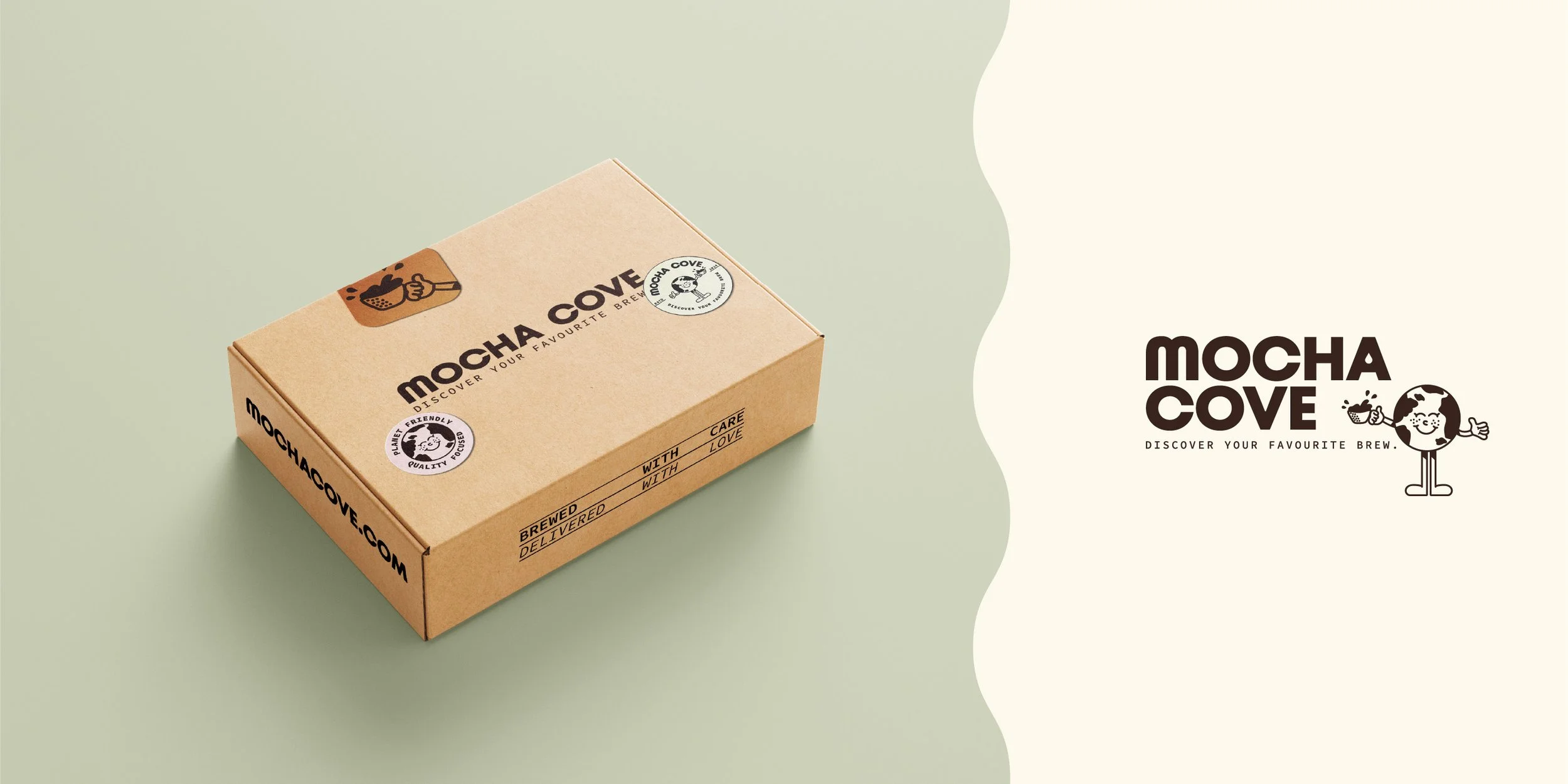 A brown kraft mailer box with the Mocha Cove logo and playful stickers on top of it. 