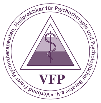 Ein Logo mit einem inneren Dreieck, einem Kreuz und einem Blitz, umgeben von einem Kreis mit dem Text "VFP" und "Verschiedene E.V. Psychotherapeuten, Heilpraktiker für Psychotherapie und Psychotherapie".