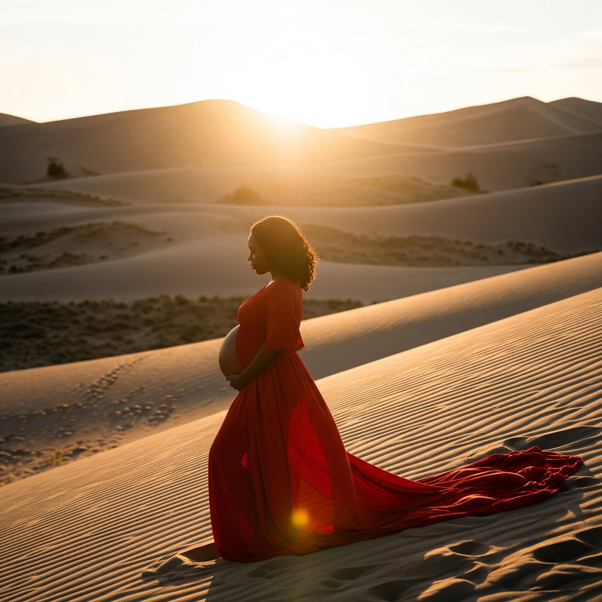 A pregnant woman in a red dress standing in a desert with sand dunes during sunset.