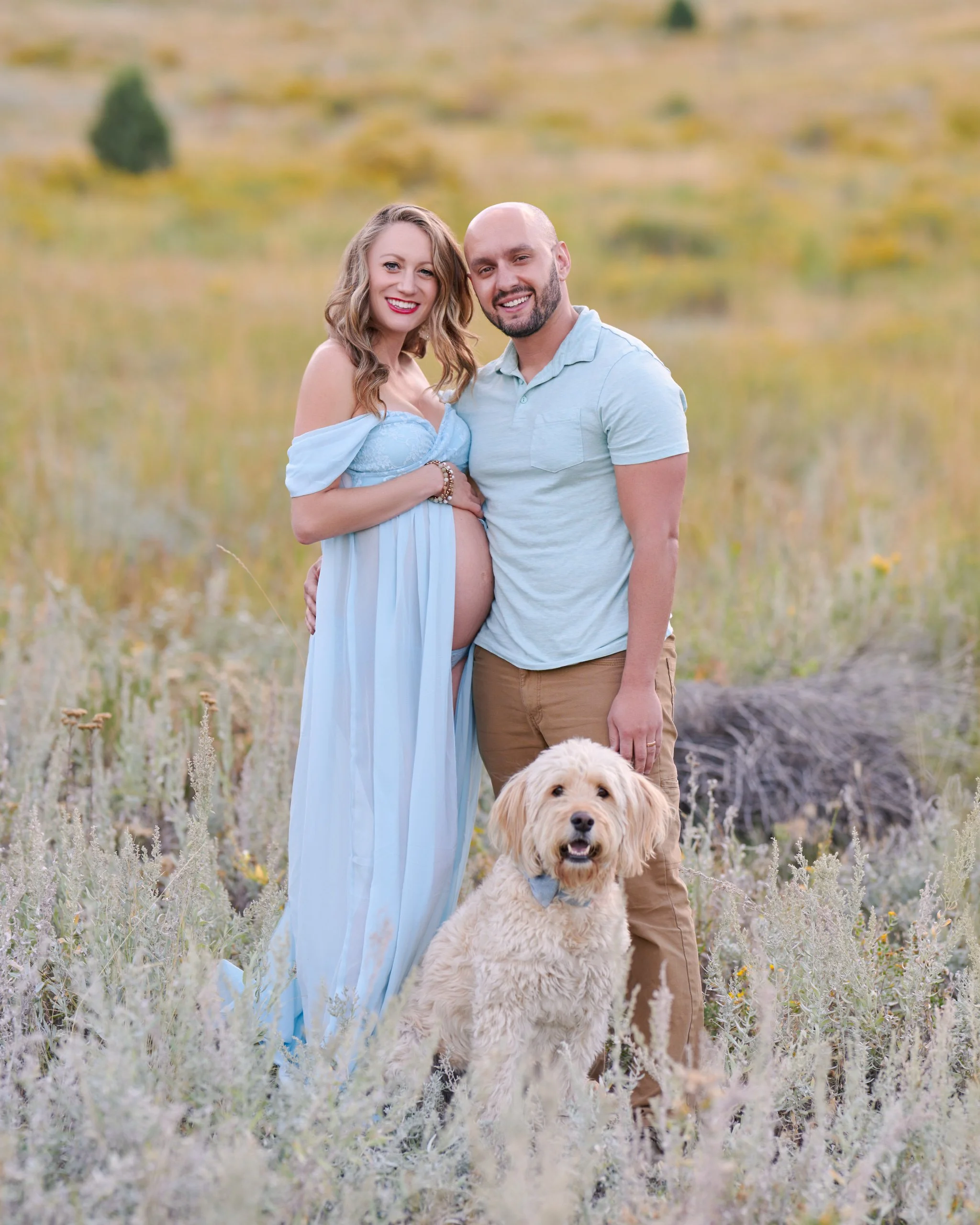 Powder blue gown, his sage polo, and their curly golden dog in a sagebrush meadow.