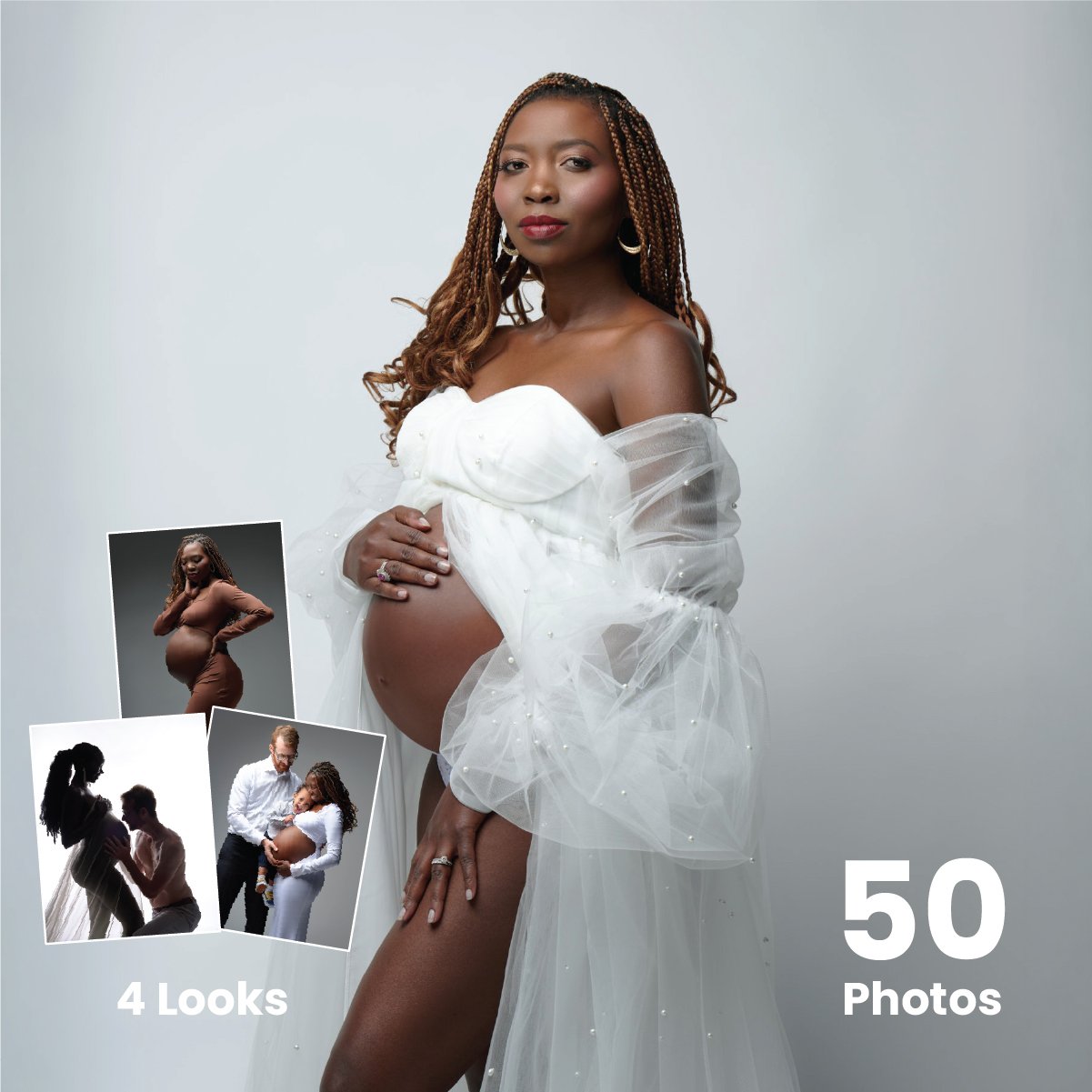 Goddess Experience package card: 50 photos, four looks, white tulle gown in the Denver studio.