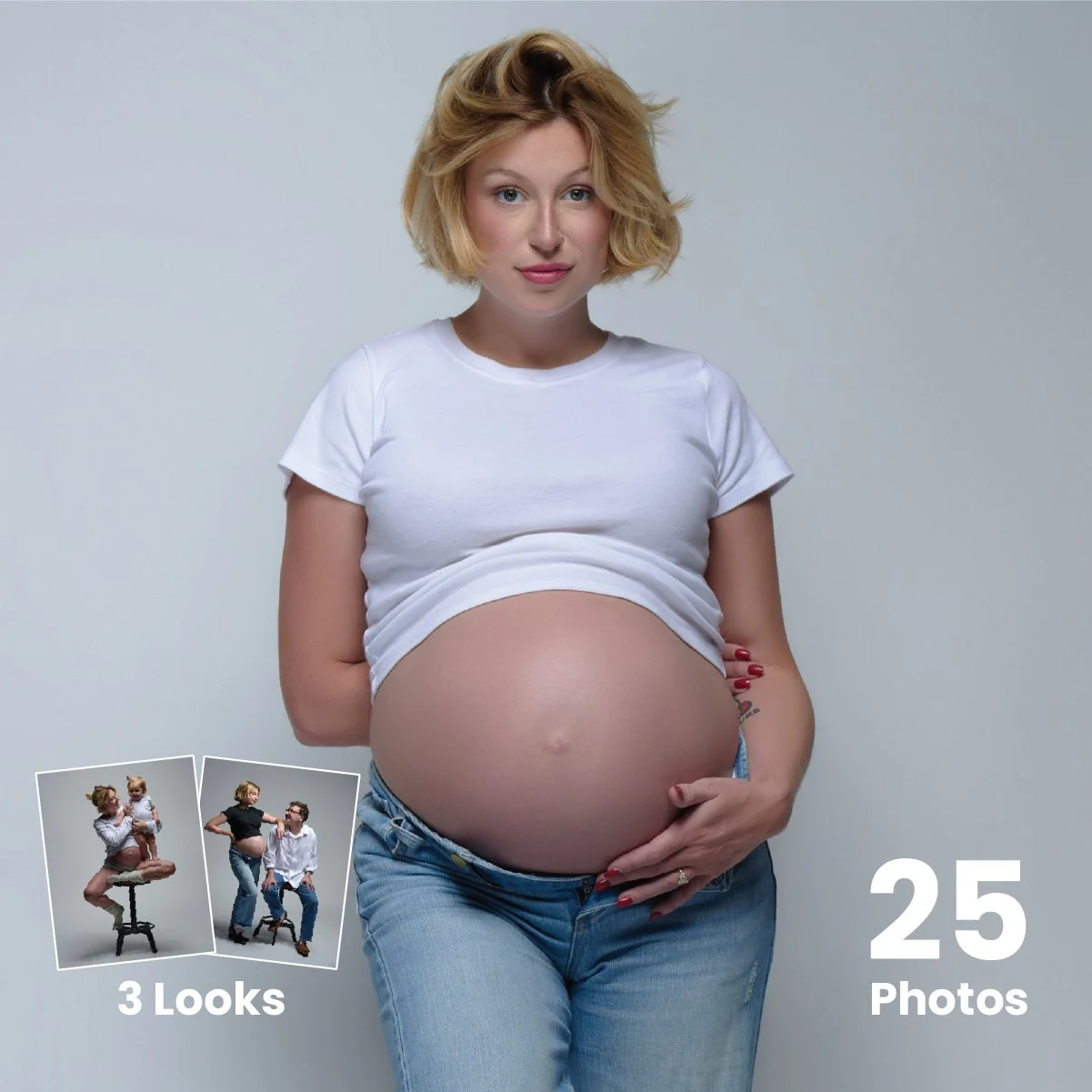 Signature Collection package card: 25 photos, three looks, mama in a white tee and jeans cradling her bare bump.