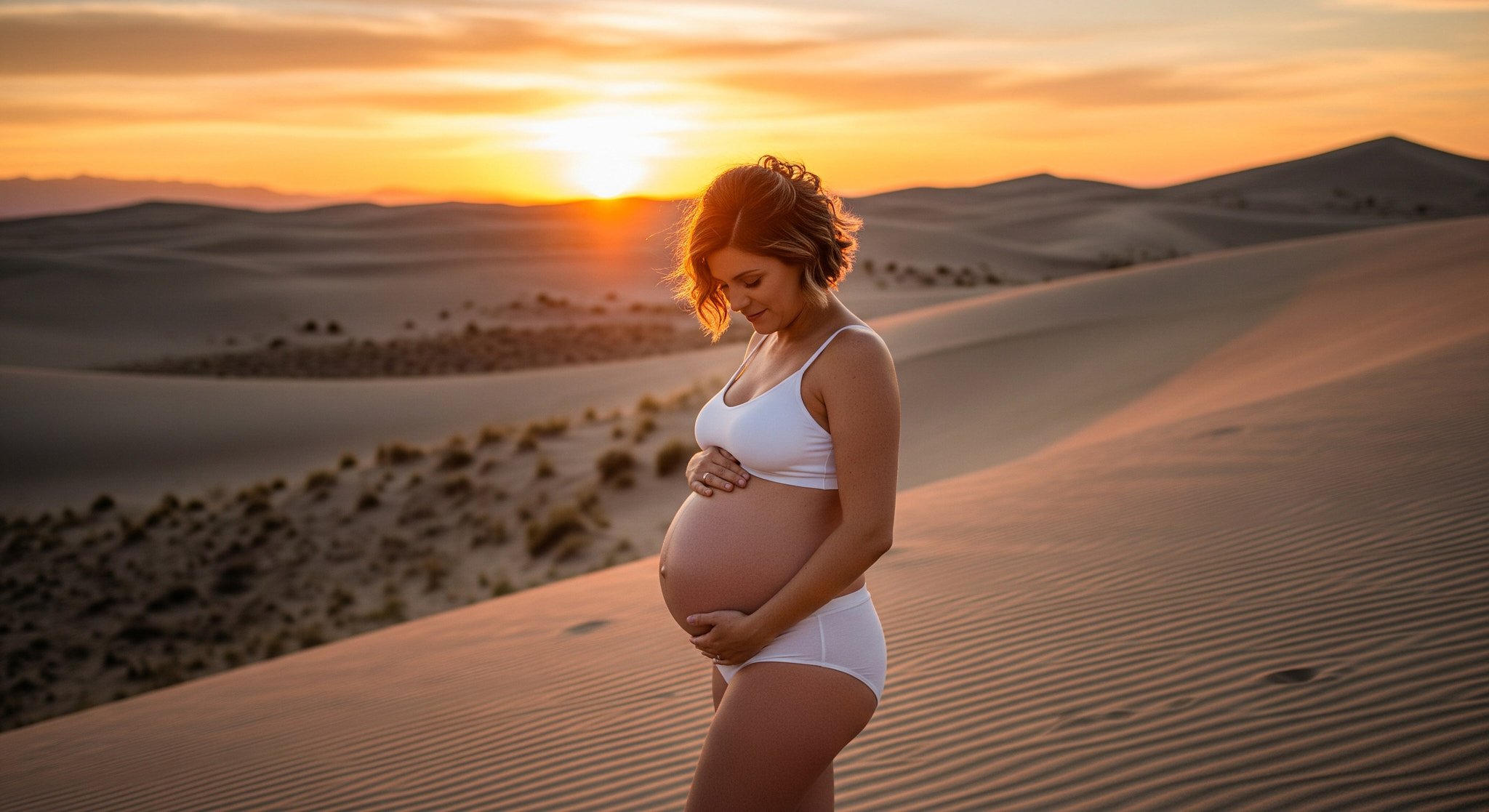 Pregnant woman standing in desert sands at sunset, wearing white sports bra and shorts, cradling her baby bump and smiling softly.