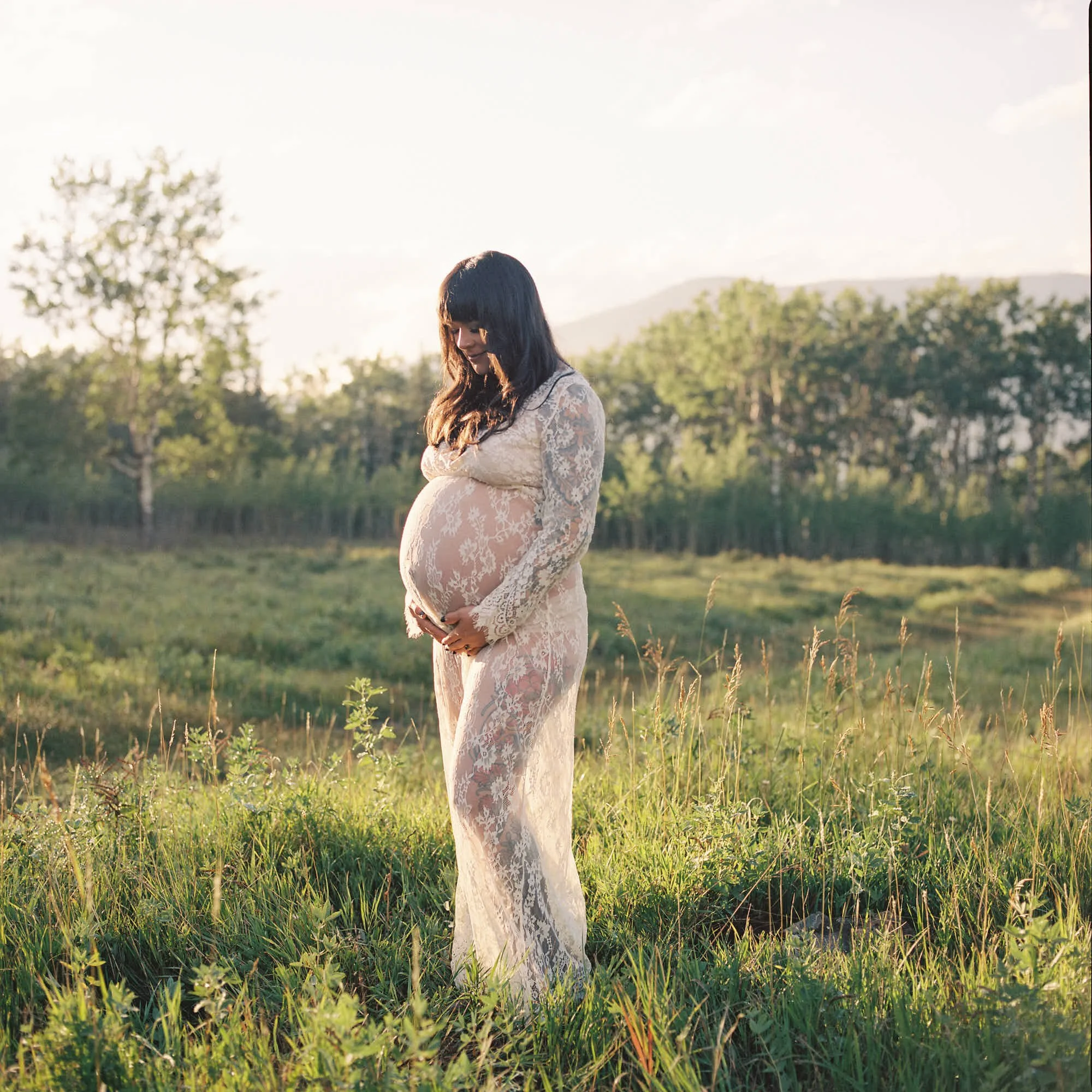 Ivory lace gown in a summer meadow, mountains hazy behind on color film.