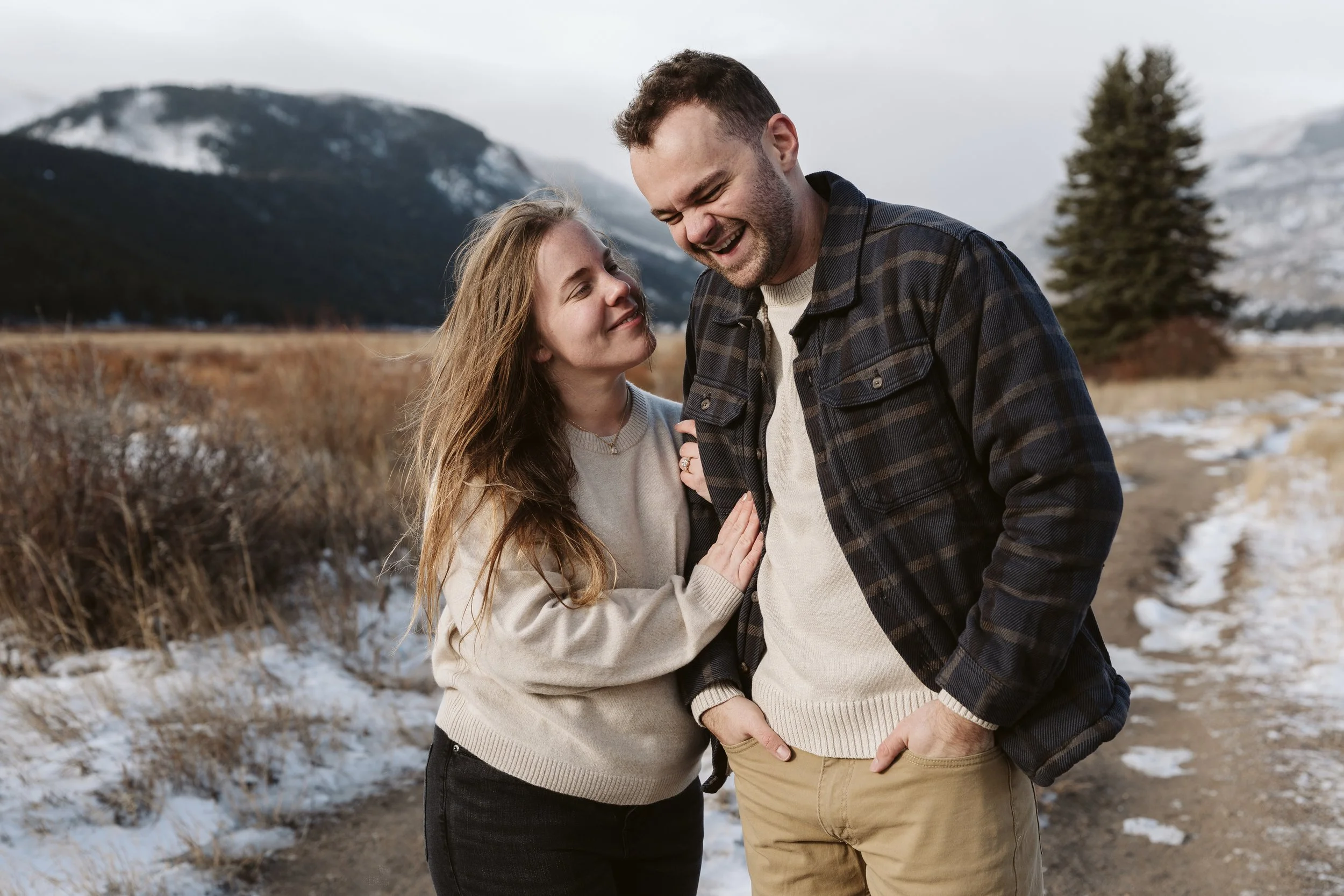 Winter walk in the snow with his fiancée.