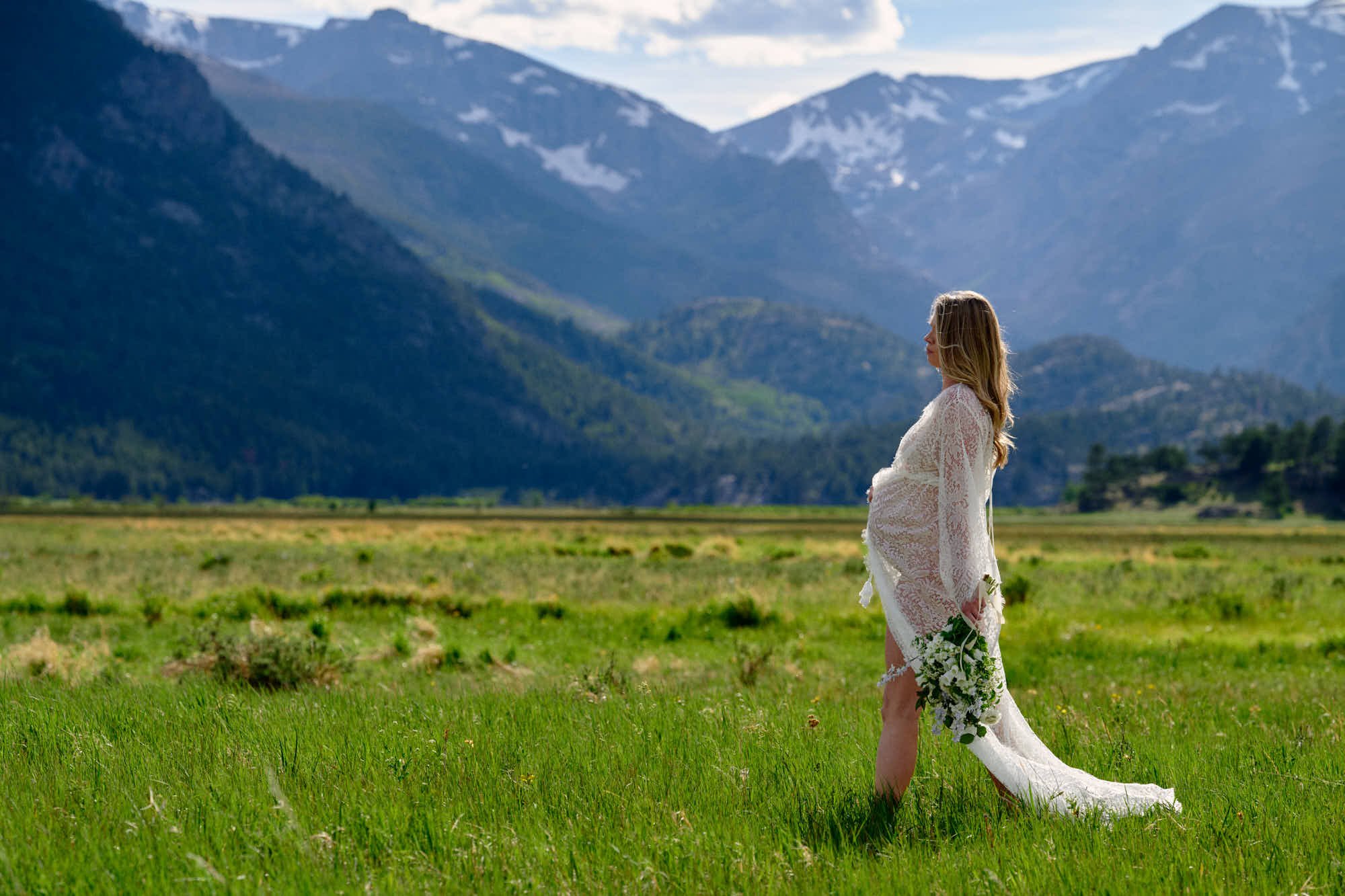Walking a lush green meadow in trailing ivory lace, snow-capped peaks on the horizon.