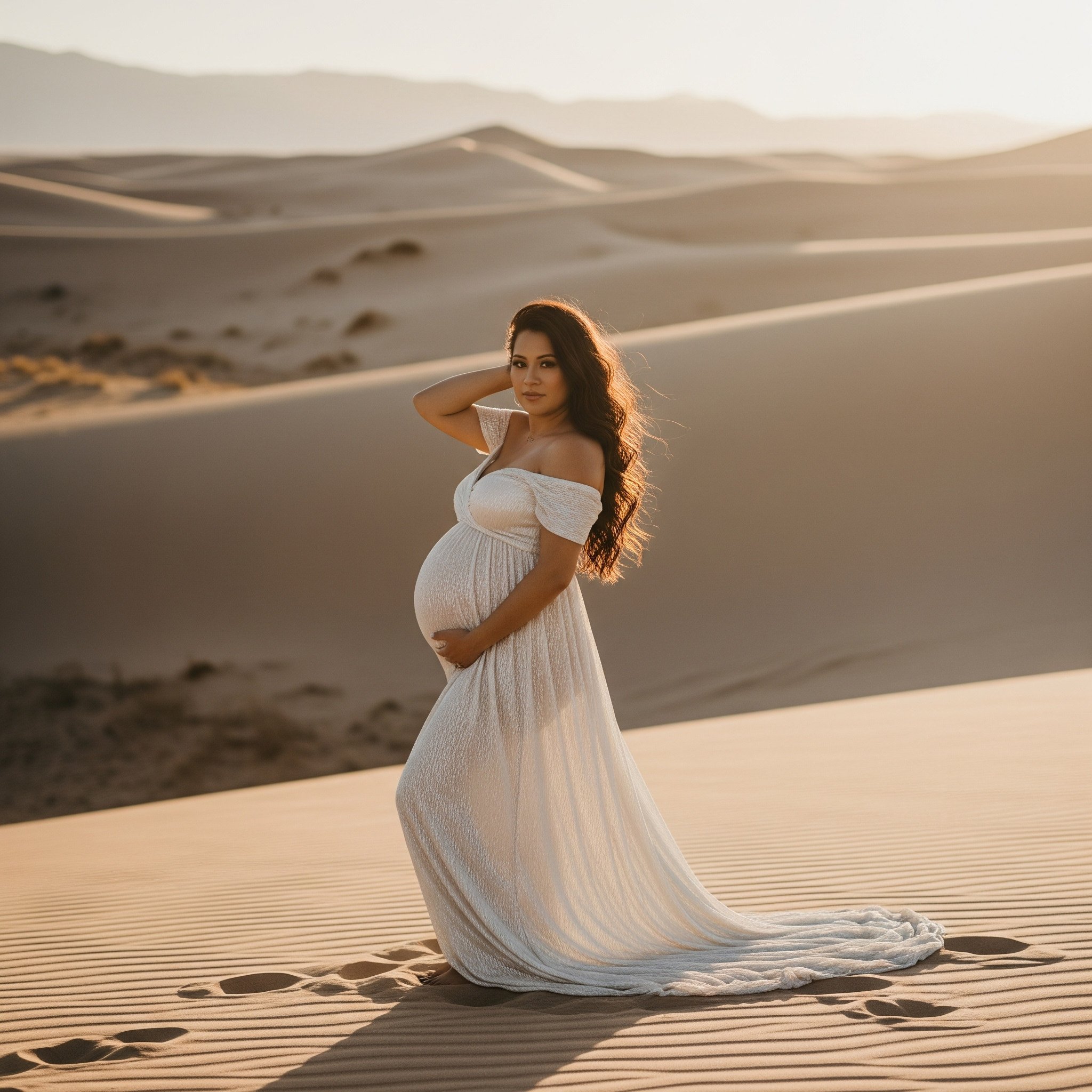 Pregnant woman in a white dress standing in desert sand dunes at sunset.
