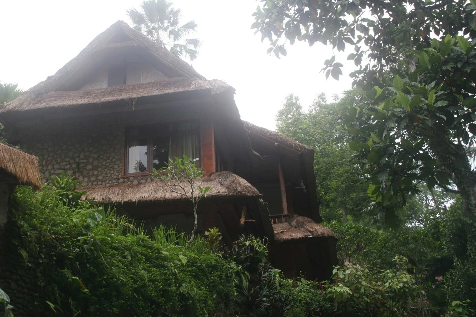 A traditional Balinese house at Hotel Tjampuhan in Ubud, the former home of painter Walter Spies, with a steep thatched roof half-hidden in dense green foliage.