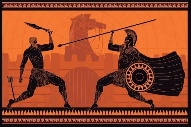 Black-figure Greek vase painting of Achilles and Hector facing each other in single combat, spears raised, with the walls of Troy in the background.
