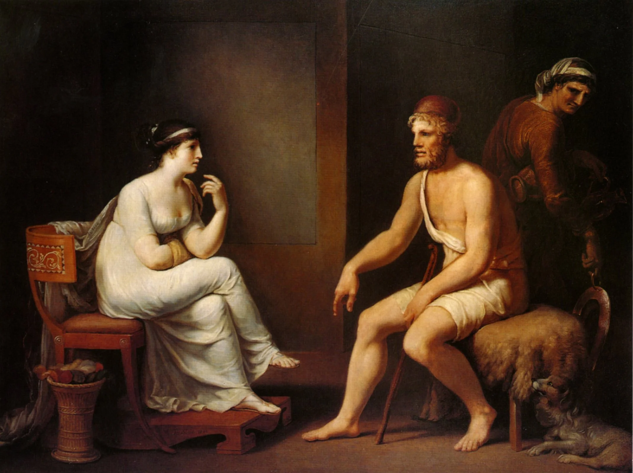 Johann Heinrich Wilhelm Tischbein's 1802 painting of the reunion of Odysseus and Penelope, with Penelope seated on the left in a white dress regarding the disguised Odysseus, the nurse Eurycleia behind him and the old dog Argos at his feet.