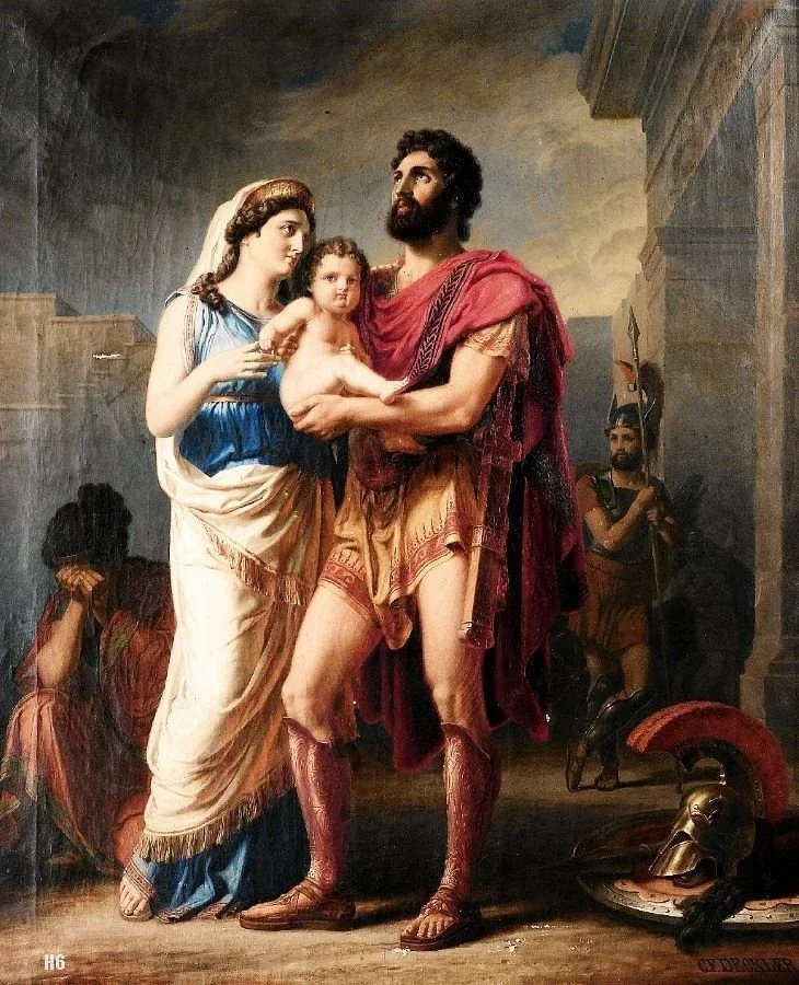 Painting by Painting by Carl Friedrich Deckler, of Hector in a red cloak holding the infant Astyanax in front of Andromache, before leaving for battle.