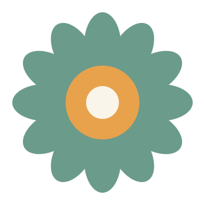 Stylized flower with teal petals, an orange ring, and a white center.