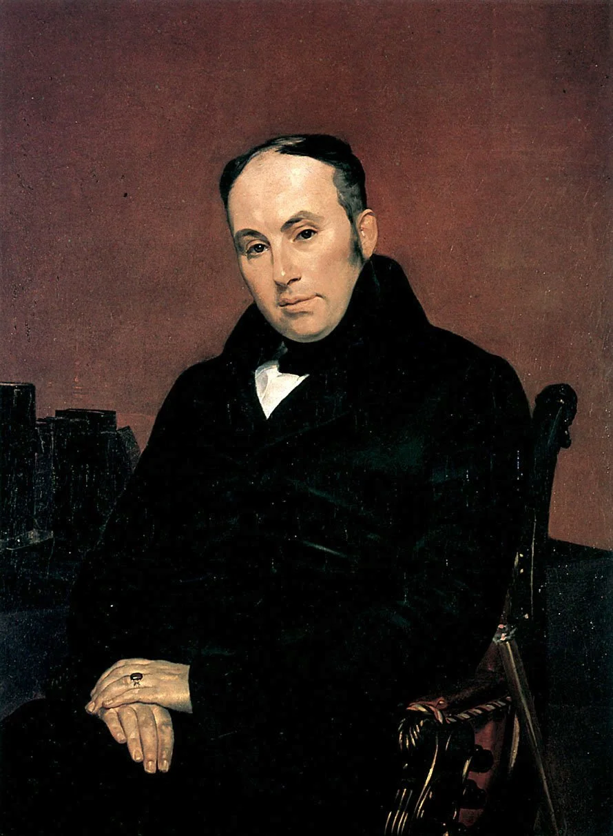 Karl Bryullov's 1837 portrait of the Russian poet Vasily Zhukovsky, seated in a dark coat against a deep red background, his hand folded over a ring.