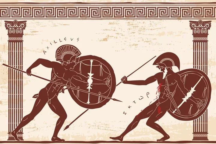Red-figure vase painting labelled with the names Achilleus and Hektor showing the two warriors in combat between Corinthian columns.