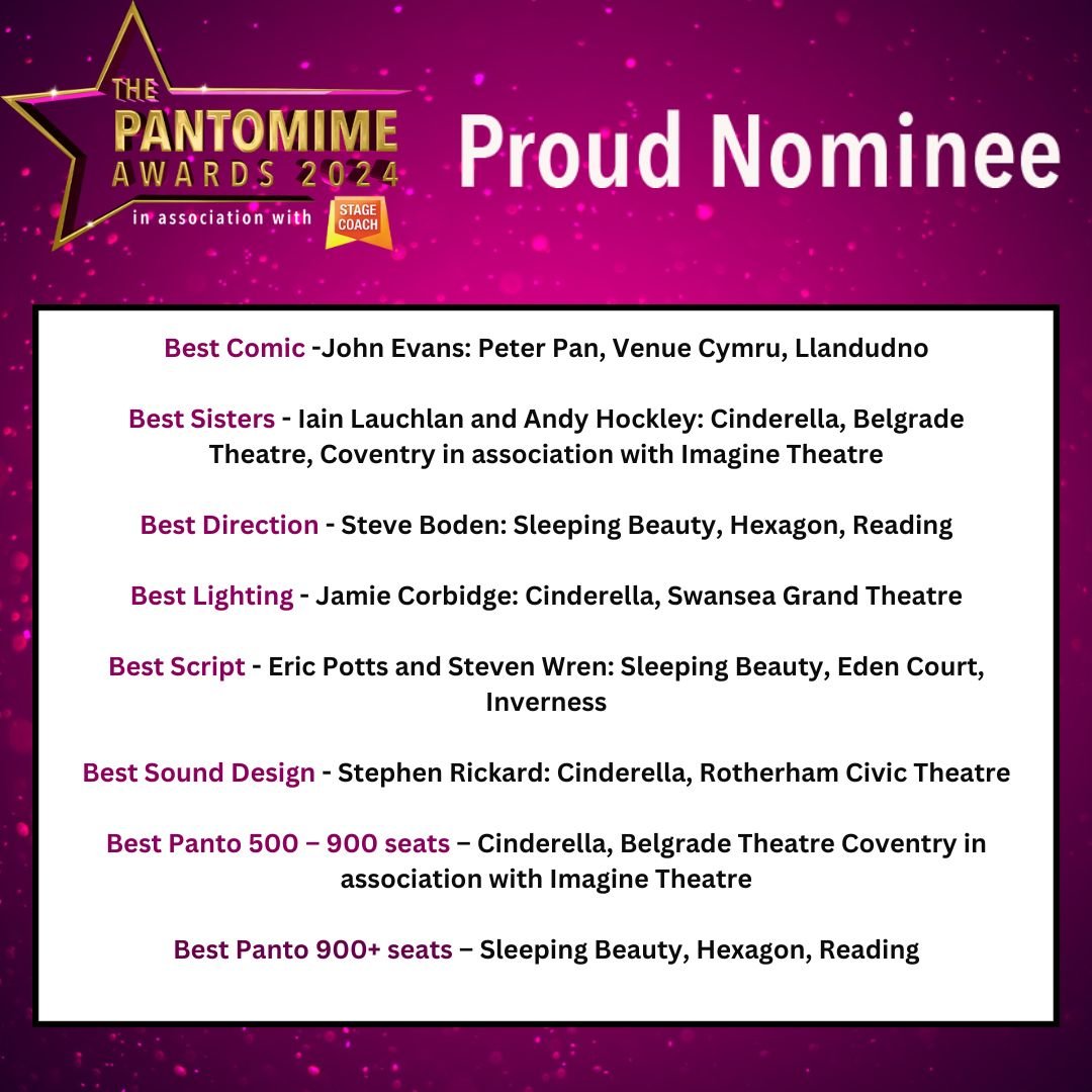 Imagine Theatre are delighted to have received 8 nominations in this year&rsquo;s Panto Awards. Congratulations to all of our nominees.
@belgradetheatre @edencourttheatrecinema @venuecymru @thehexagonrdg @rotherham.theatres @swanseagrandinsta