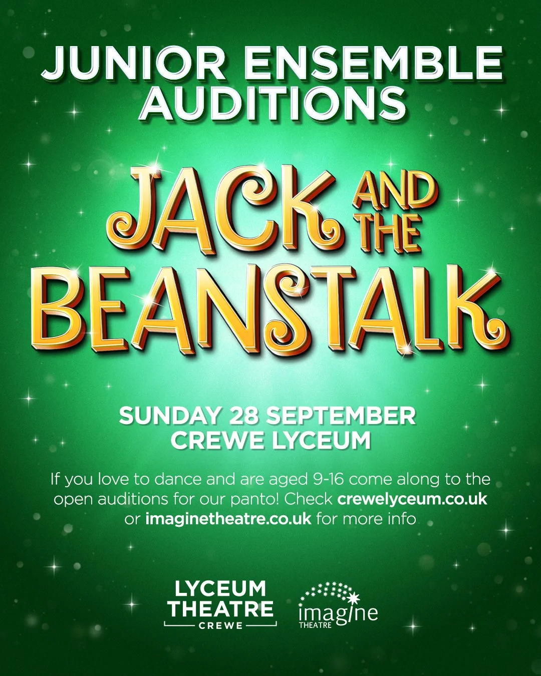 🚨 Reminder! 🚨
This Sunday we&rsquo;re auditioning young dancers for the Junior Ensemble of Jack and the Beanstalk at the Crewe Lyceum 🌱✨
If you are aged 9-16 and love to perform then don&rsquo;t miss your chance to take the stage alongside Jennife