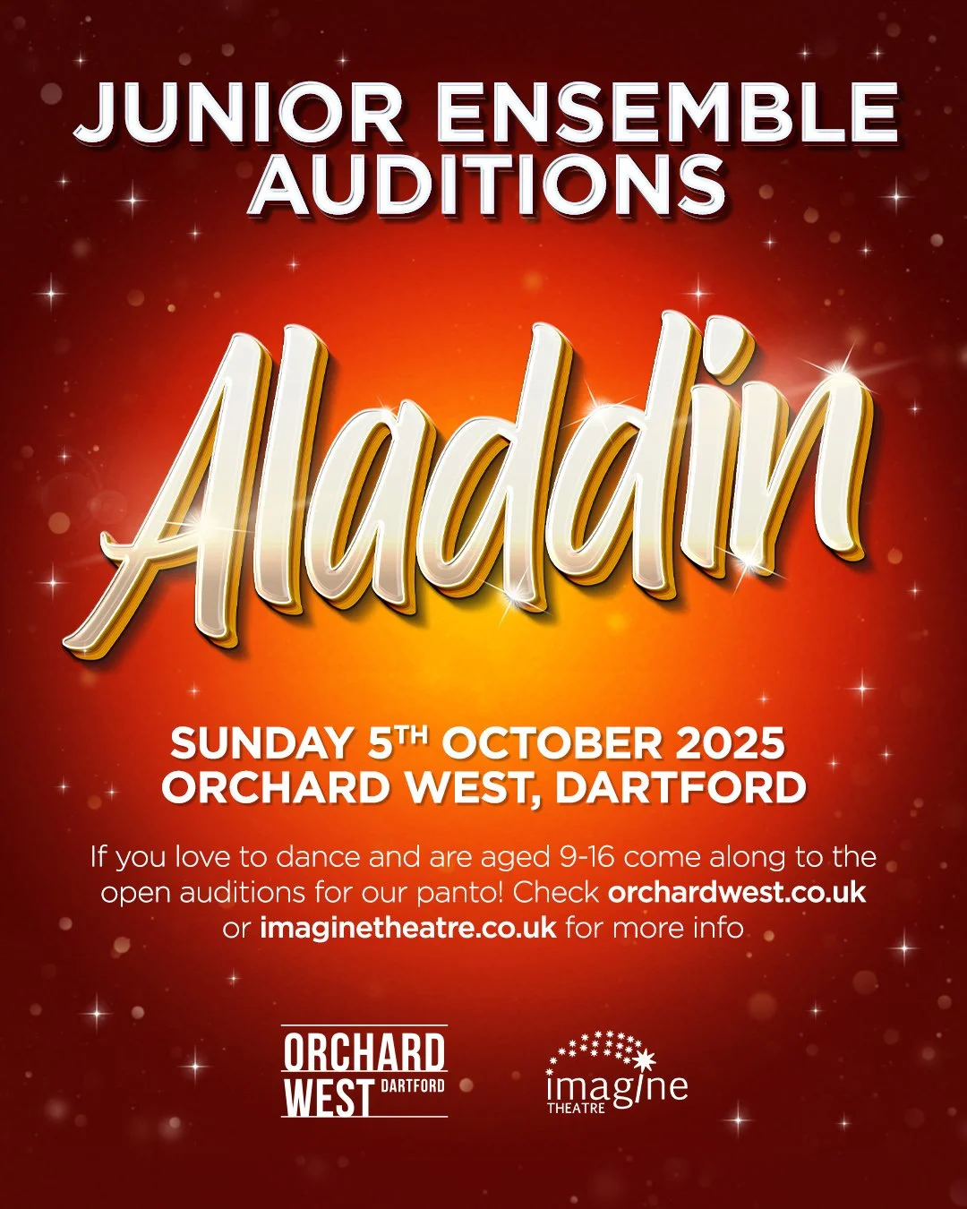 ✨🎭 Junior Ensemble Auditions are HERE! 🎶

This Sunday at Orchard West, we&rsquo;re holding open auditions for young dancers aged 9-16 to join the cast of our magical panto Aladdin 🌟✨
Check out or either the Imagine Theatre or Orchard West website 