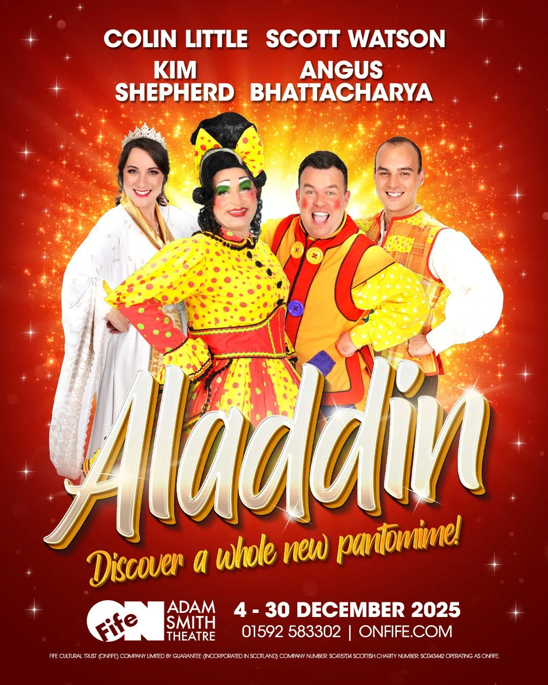 We&rsquo;re thrilled to unveil the final artwork and announce our wonderful principal cast for Aladdin at the Adam Smith Theatre, Kirkcaldy! 🌟
#Aladdin #panto #PantomimeMagic #Christmasinfife
@scottwatson_1  @kimshep1 @colin_little_86 @colum_findlay